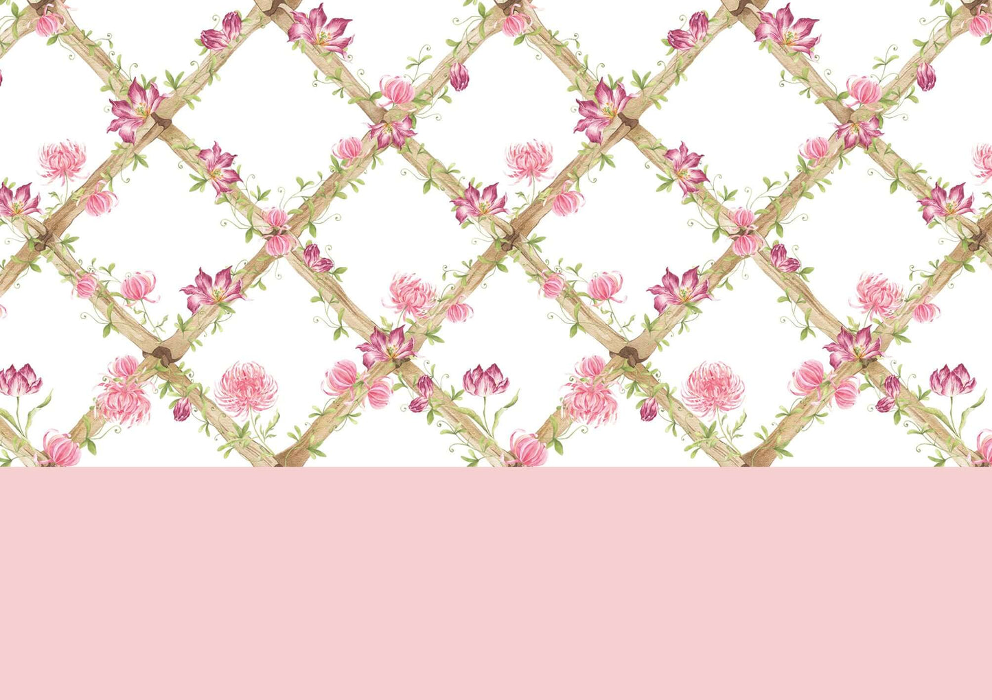 BambooTrellisBorder__chrysanthemums & tiger tulips
Bamboo trellis wallpaper border combining raspberry tiger tulips and pink chrysanthemums on a heritage-style lattice - designed for grandmillennial and traditional interiors, and perfect for gifting at baby showers, christenings, birthdays, and special baby milestones.