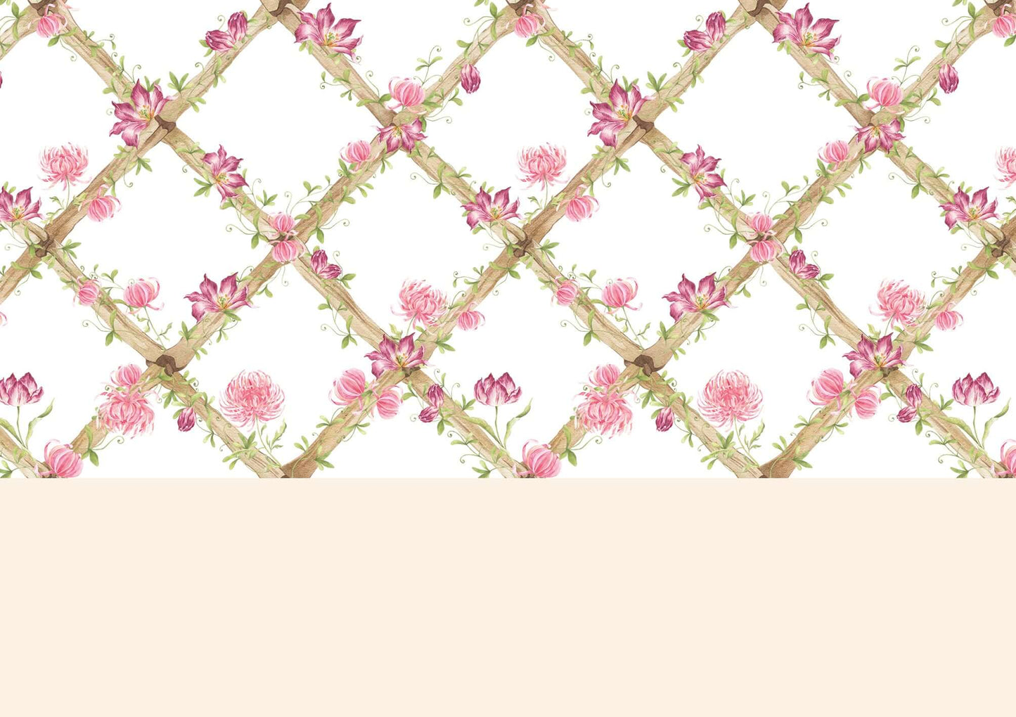 BambooTrellisBorder__chrysanthemums & tiger tulips
Bamboo trellis wallpaper border combining raspberry tiger tulips and pink chrysanthemums on a heritage-style lattice - designed for grandmillennial and traditional interiors, and perfect for gifting at baby showers, christenings, birthdays, and special baby milestones.