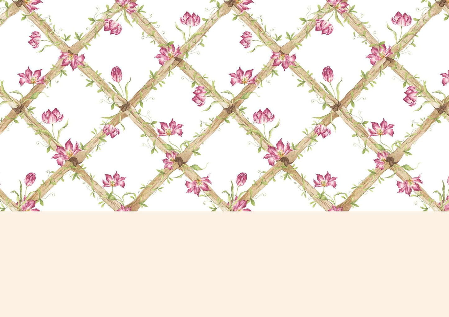 BambooTrellisBorder__Tiger Tulips
Bamboo trellis wallpaper border adorned with raspberry tiger tulips on a heritage-style lattice - ideal for traditional and grandmillennial interiors, and a meaningful gift for baby showers, christenings, birthdays, and early milestones.