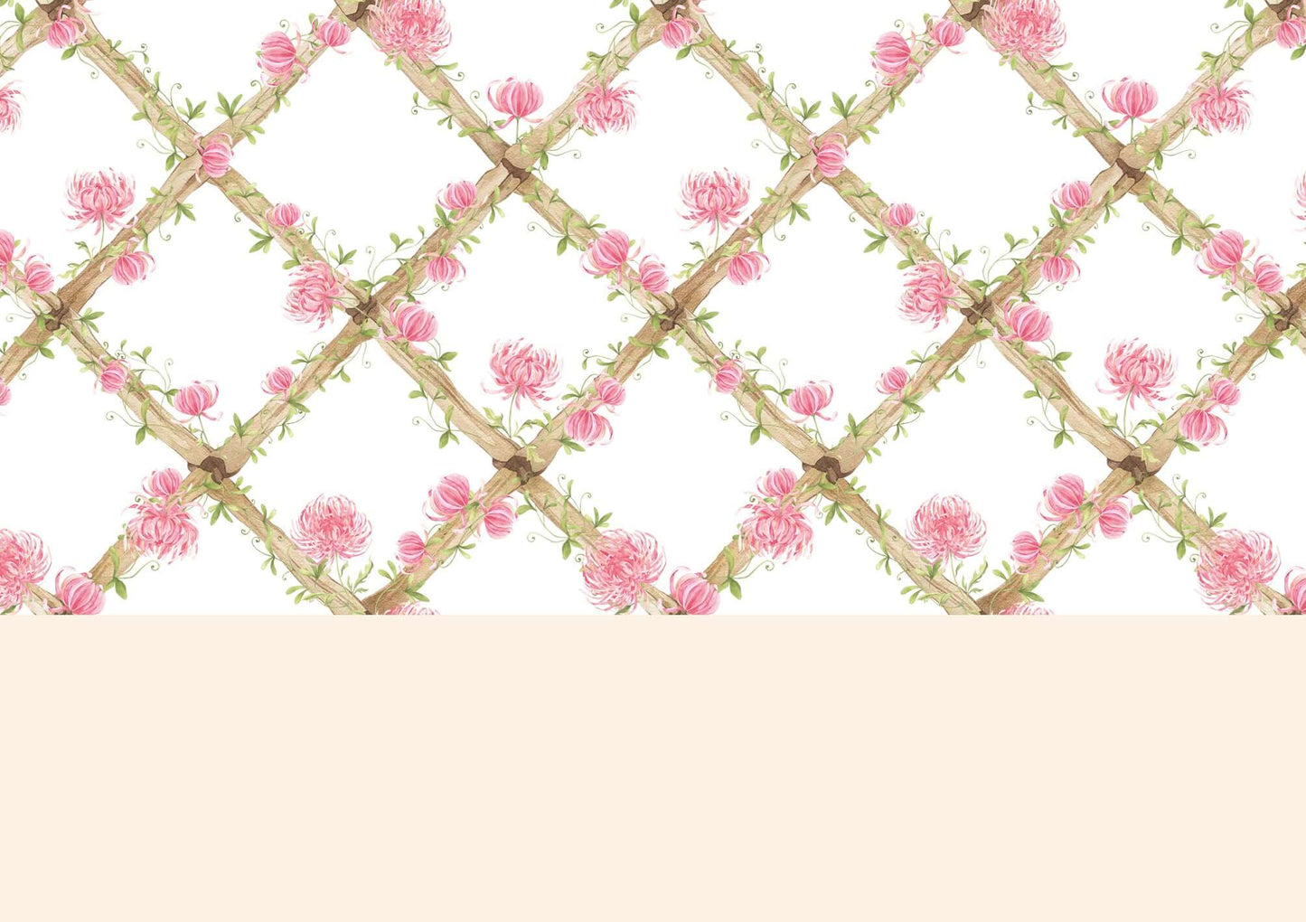 BambooTrellisBorder__chrysanthemums
Bamboo trellis wallpaper border featuring soft pink chrysanthemums on a heritage-style lattice - perfect for grandmillennial and traditional interiors, and a thoughtful gift for baby showers, christenings, birthdays, and baby milestones.