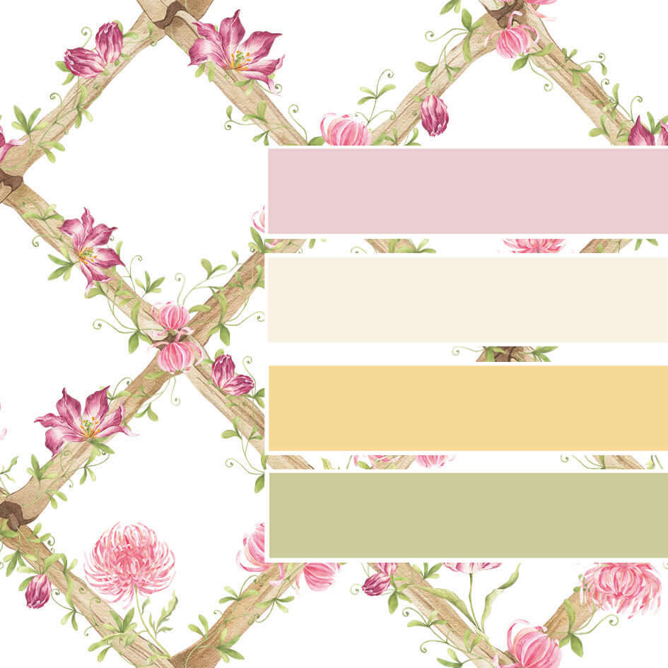 BambooTrellisBorder__chrysanthemums & tiger tulips
Bamboo trellis wallpaper border combining raspberry tiger tulips and pink chrysanthemums on a heritage-style lattice - designed for grandmillennial and traditional interiors, and perfect for gifting at baby showers, christenings, birthdays, and special baby milestones.