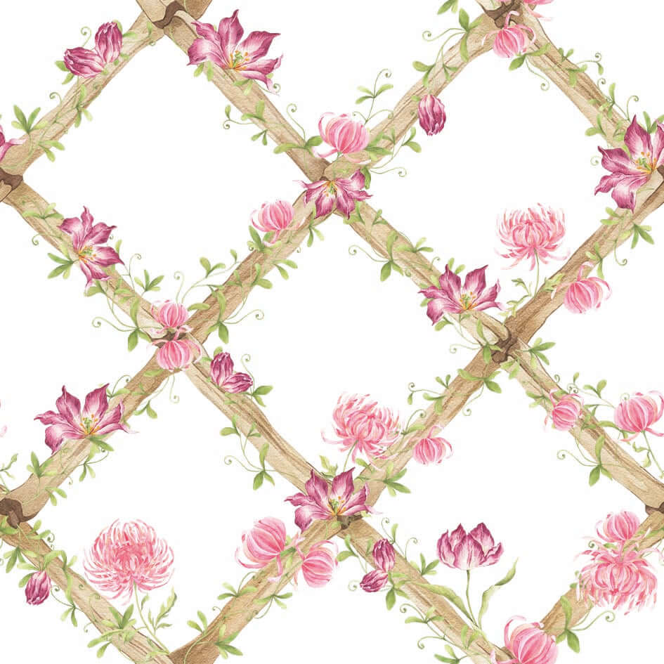 BambooTrellisBorder__chrysanthemums & tiger tulips
Bamboo trellis wallpaper border combining raspberry tiger tulips and pink chrysanthemums on a heritage-style lattice - designed for grandmillennial and traditional interiors, and perfect for gifting at baby showers, christenings, birthdays, and special baby milestones.