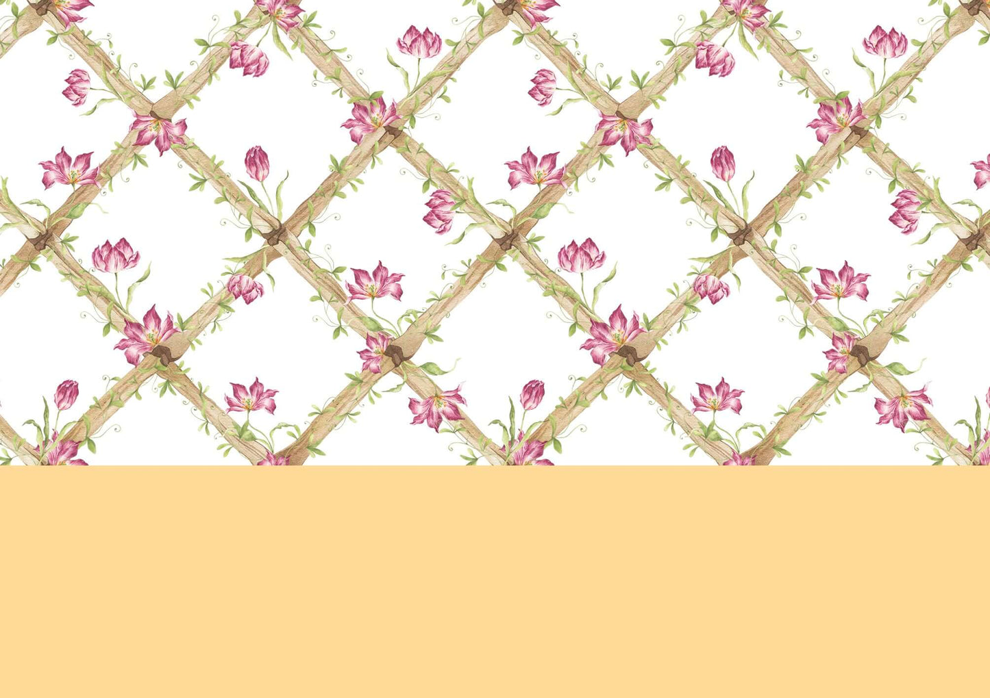 BambooTrellisBorder__Tiger Tulips
Bamboo trellis wallpaper border adorned with raspberry tiger tulips on a heritage-style lattice - ideal for traditional and grandmillennial interiors, and a meaningful gift for baby showers, christenings, birthdays, and early milestones.