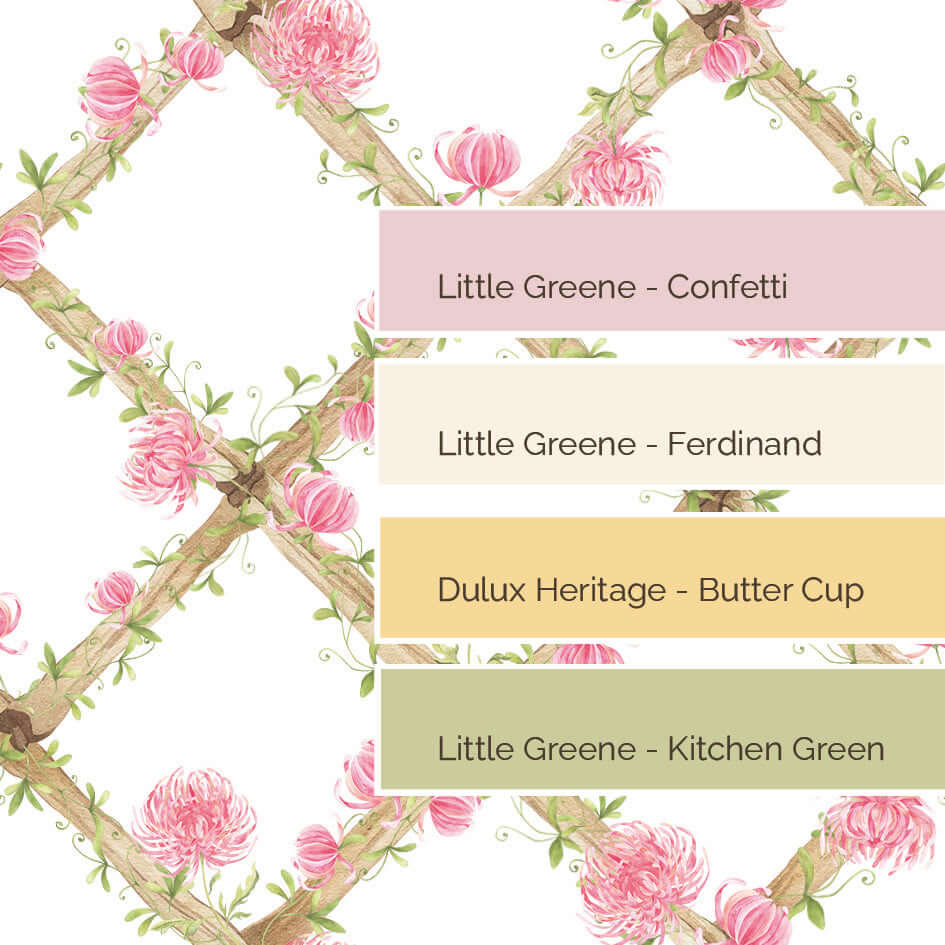 BambooTrellisBorder__Chrysanthemums
Bamboo trellis wallpaper border featuring soft pink chrysanthemums on a heritage-style lattice - perfect for grandmillennial and traditional interiors, and a thoughtful gift for baby showers, christenings, birthdays, and baby milestones.