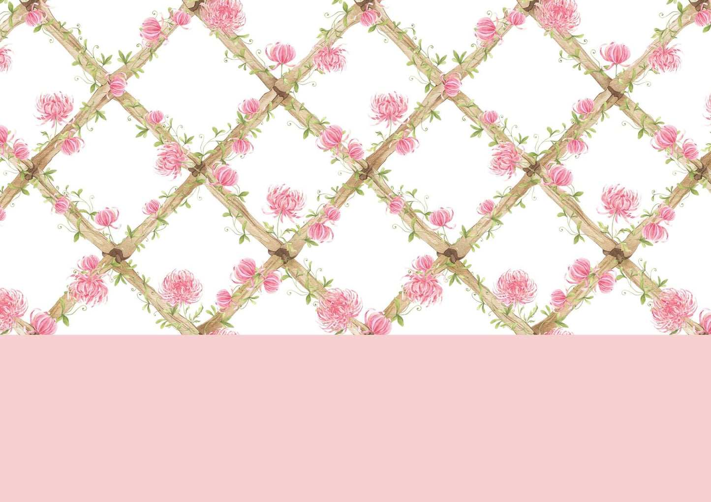 BambooTrellisBorder__chrysanthemums
Bamboo trellis wallpaper border featuring soft pink chrysanthemums on a heritage-style lattice - perfect for grandmillennial and traditional interiors, and a thoughtful gift for baby showers, christenings, birthdays, and baby milestones.
