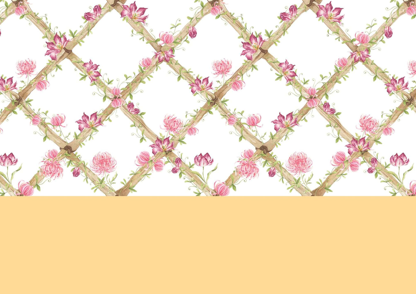 BambooTrellisBorder__chrysanthemums & tiger tulips
Bamboo trellis wallpaper border combining raspberry tiger tulips and pink chrysanthemums on a heritage-style lattice - designed for grandmillennial and traditional interiors, and perfect for gifting at baby showers, christenings, birthdays, and special baby milestones.
