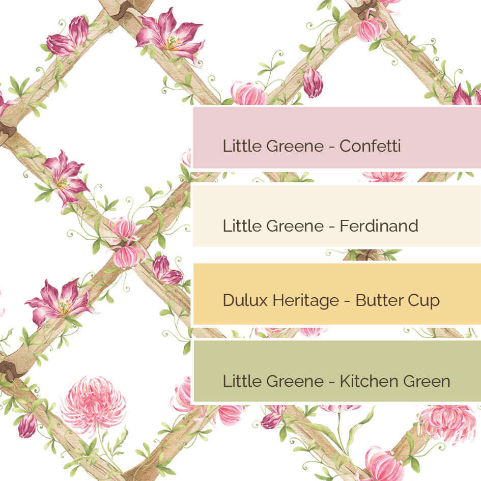BambooTrellisBorder__chrysanthemums & tiger tulips
Bamboo trellis wallpaper border combining raspberry tiger tulips and pink chrysanthemums on a heritage-style lattice - designed for grandmillennial and traditional interiors, and perfect for gifting at baby showers, christenings, birthdays, and special baby milestones.