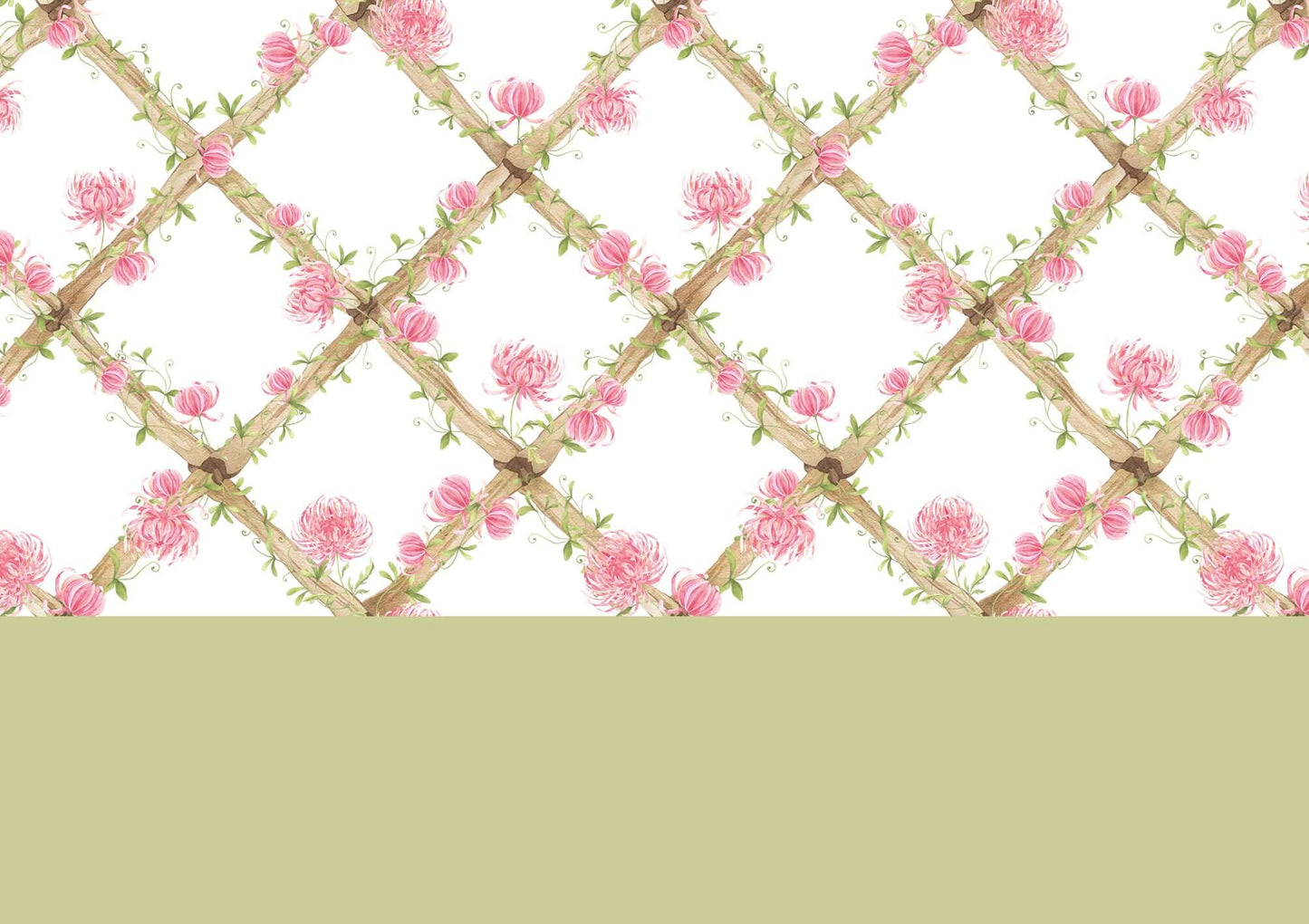 BambooTrellisBorder__chrysanthemums
Bamboo trellis wallpaper border featuring soft pink chrysanthemums on a heritage-style lattice - perfect for grandmillennial and traditional interiors, and a thoughtful gift for baby showers, christenings, birthdays, and baby milestones.