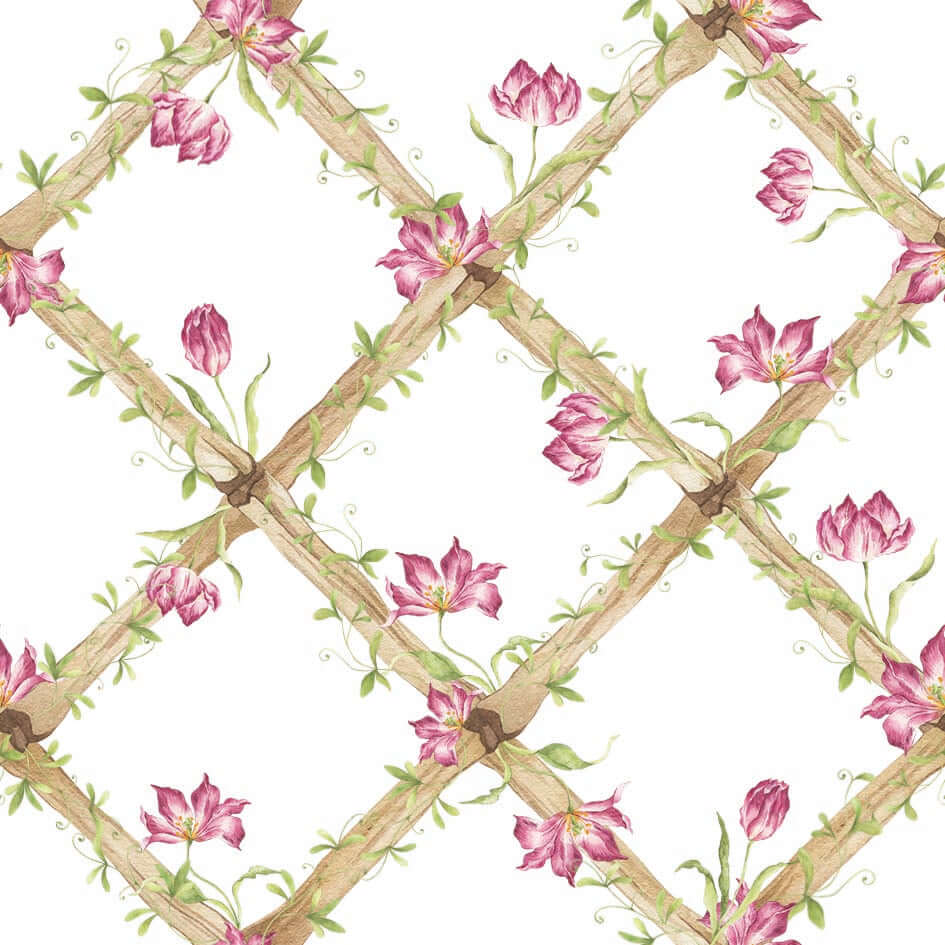 BambooTrellisBorder__Tiger Tulips
Bamboo trellis wallpaper border adorned with raspberry tiger tulips on a heritage-style lattice - ideal for traditional and grandmillennial interiors, and a meaningful gift for baby showers, christenings, birthdays, and early milestones.