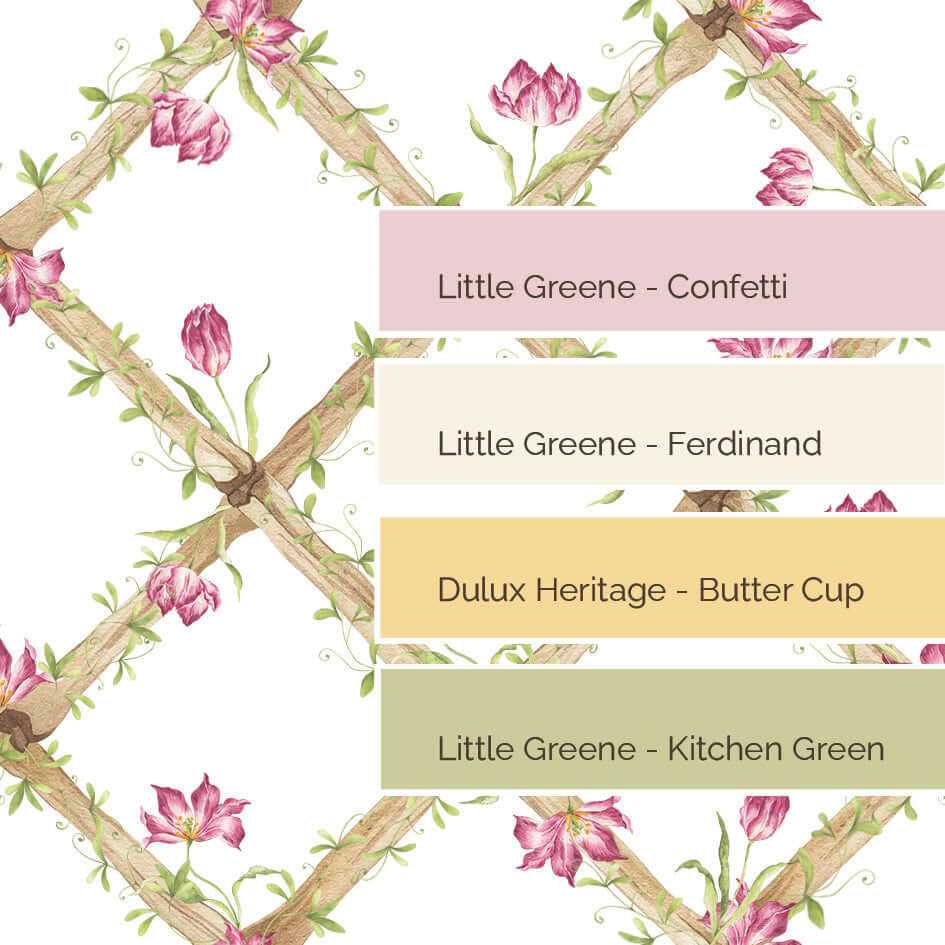 BambooTrellisBorder__Tiger Tulips
Bamboo trellis wallpaper border adorned with raspberry tiger tulips on a heritage-style lattice - ideal for traditional and grandmillennial interiors, and a meaningful gift for baby showers, christenings, birthdays, and early milestones.