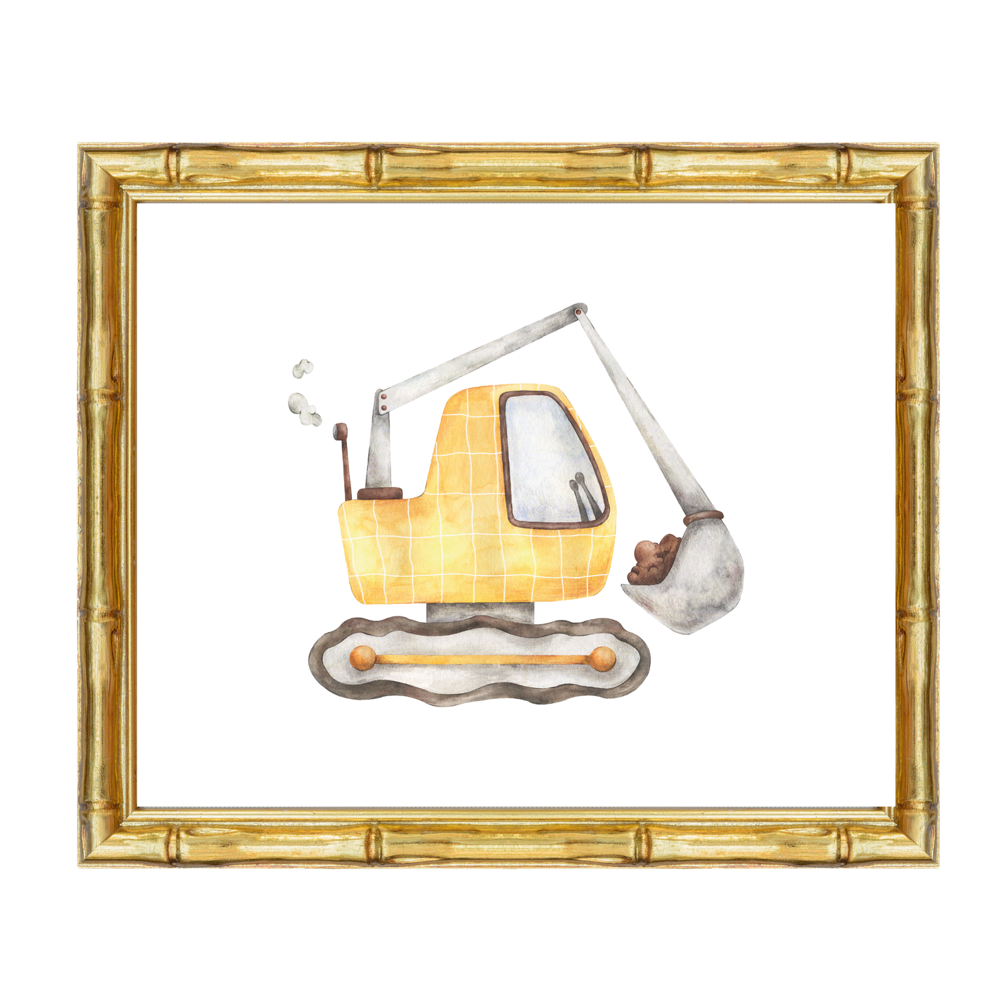 Watercolour yellow excavator nursery wall art print – construction-themed baby boy room decor, perfect for baby showers, birthdays, christenings, or as a thoughtful keepsake gift for toddlers who love diggers and trucks