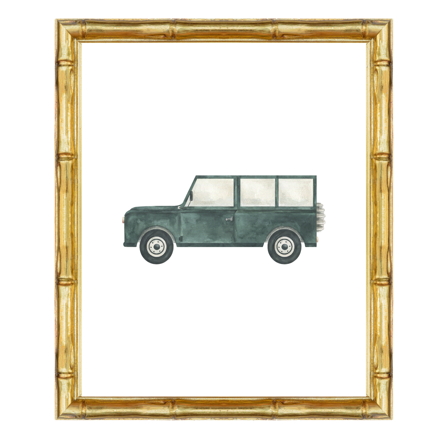 Watercolour British Racing Green Classic Vintage Landrover Defender nursery art print – a classic vehicle illustration ideal for grandmillennial and traditional interiors. A thoughtful gift for baby boys and perfect for birthdays, christenings, or baby showers.