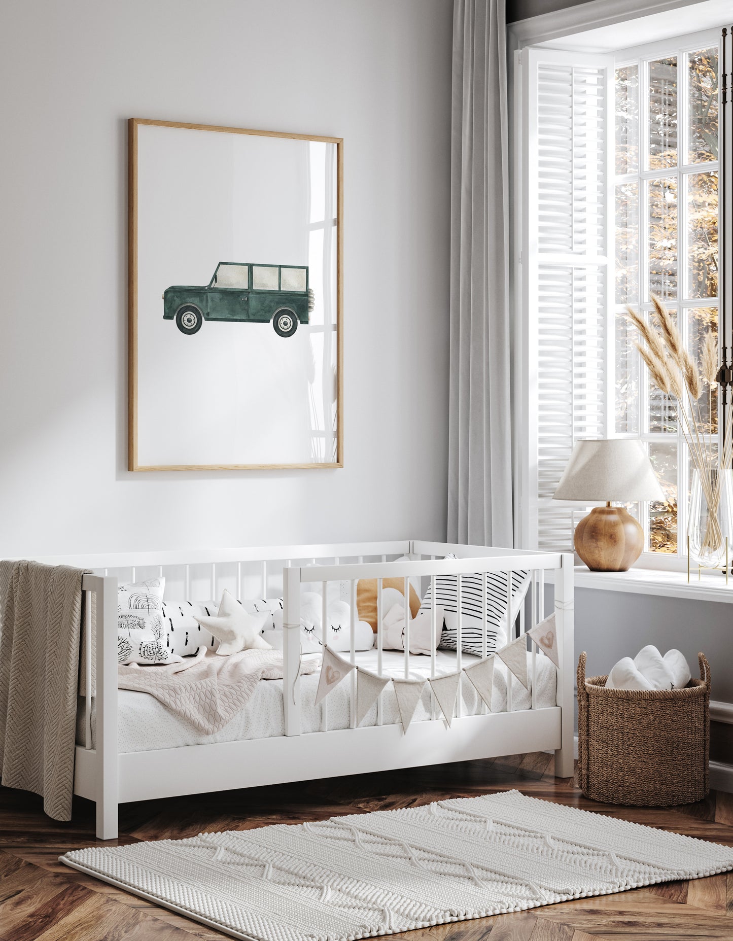 Watercolour British Racing Green Classic Vintage Landrover Defender nursery art print – a classic vehicle illustration ideal for grandmillennial and traditional interiors. A thoughtful gift for baby boys and perfect for birthdays, christenings, or baby showers.