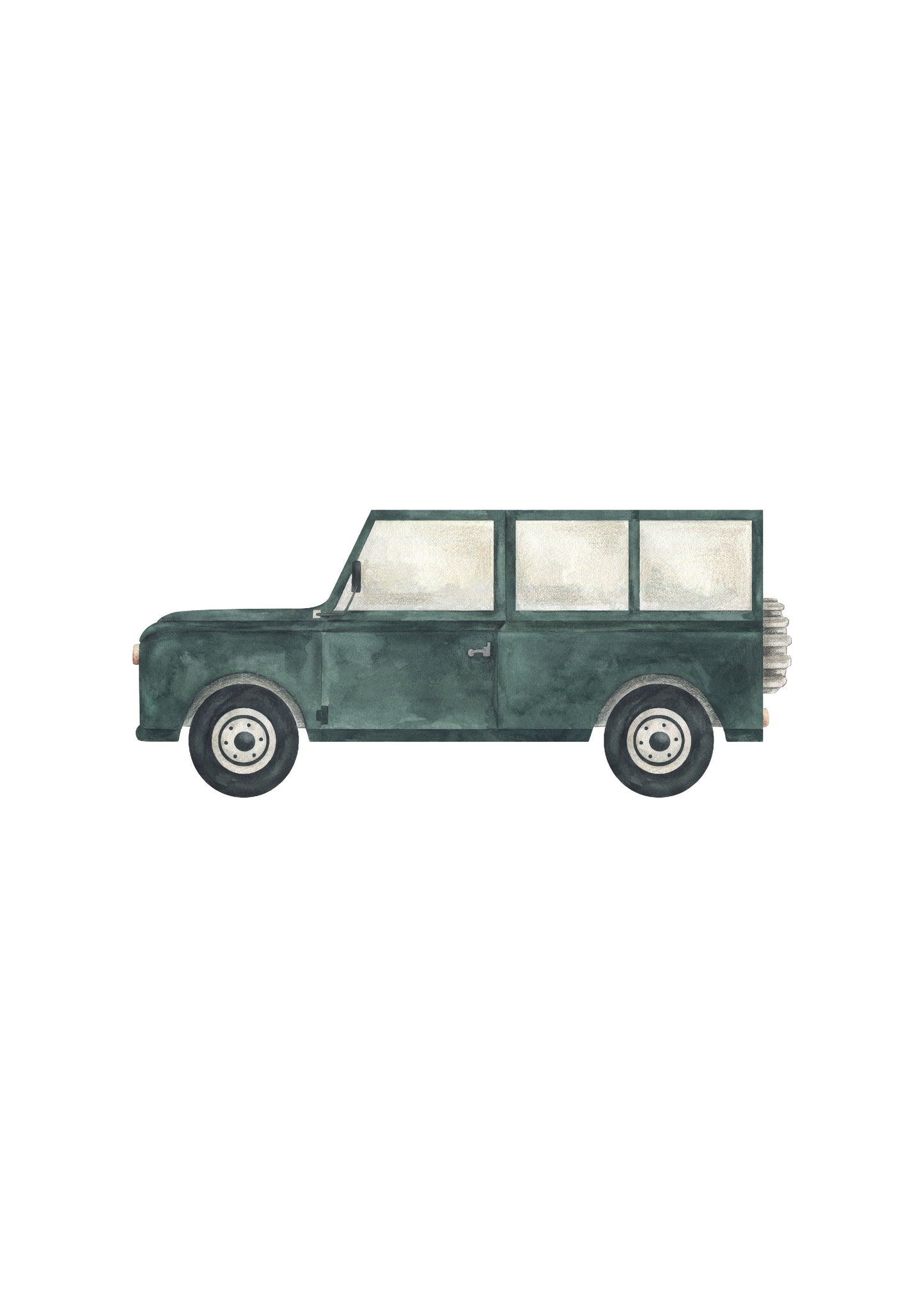 Watercolour British Racing Green Classic Vintage Landrover Defender nursery art print – a classic vehicle illustration ideal for grandmillennial and traditional interiors. A thoughtful gift for baby boys and perfect for birthdays, christenings, or baby showers.