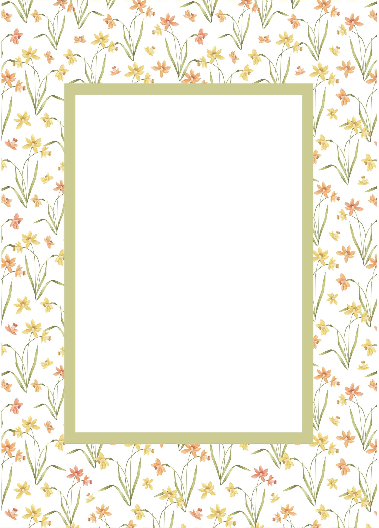Floral__Green__Rectangle
Floral picture frame mat board featuring hand-illustrated daffodils in soft orange and yellow; perfect for spring nursery décor, Easter photos, or cheerful family prints — a meaningful gift for baby showers, christenings, birthdays, or baby’s first Easter.