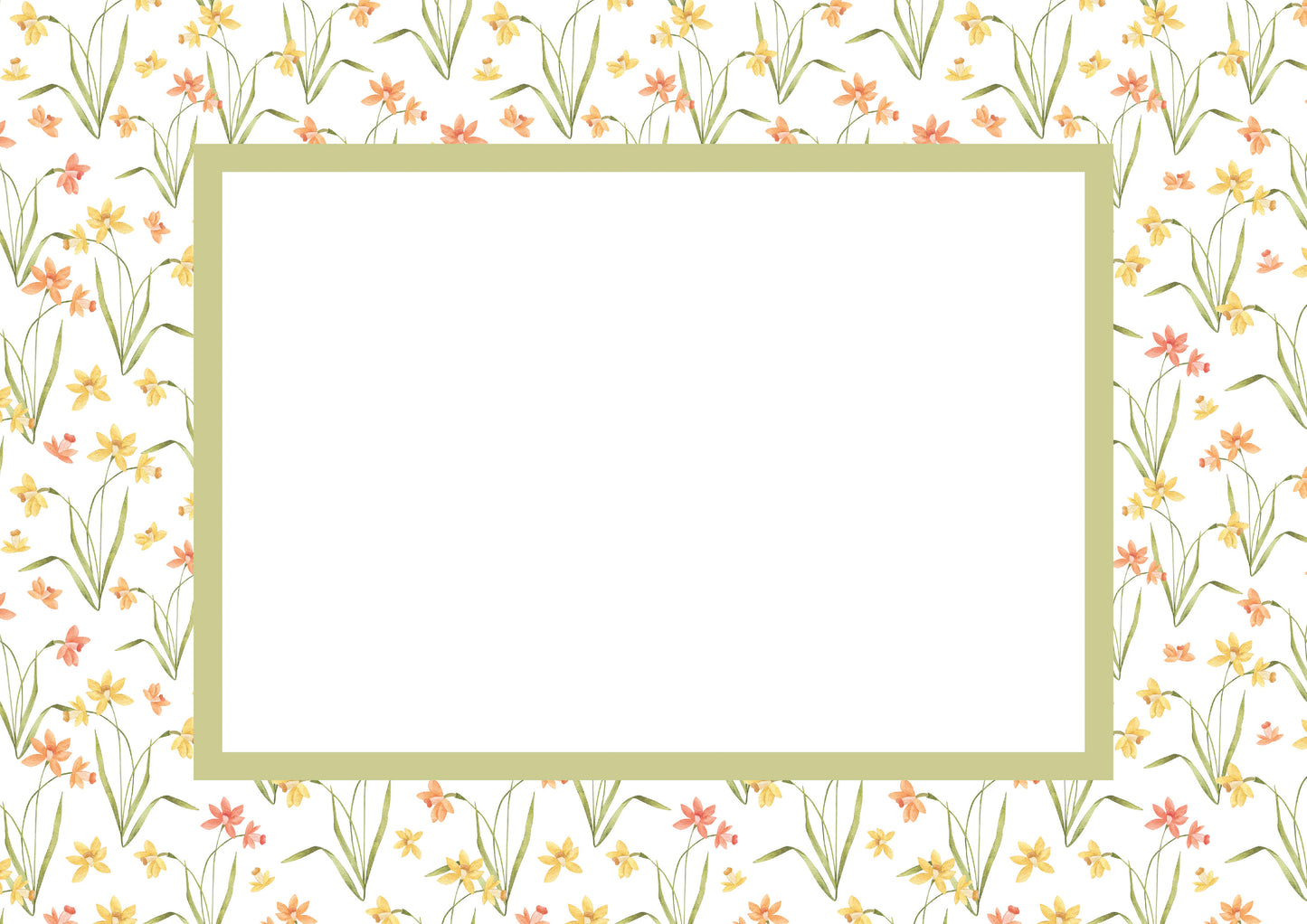 Floral__Green__Landscape
Floral picture frame mat board featuring hand-illustrated daffodils in soft orange and yellow; perfect for spring nursery décor, Easter photos, or cheerful family prints — a meaningful gift for baby showers, christenings, birthdays, or baby’s first Easter.