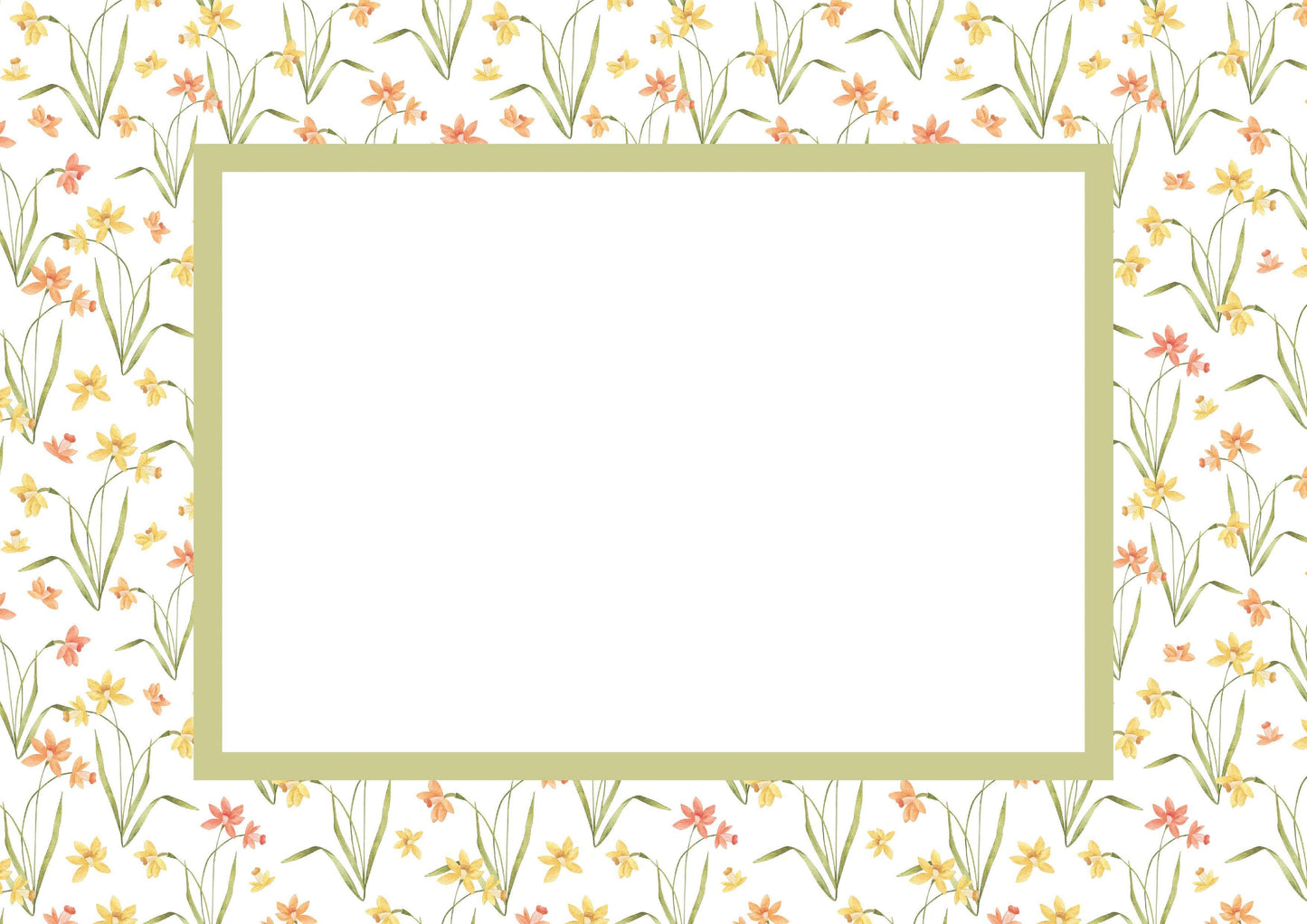 Floral__Green__Landscape
Floral picture frame mat board featuring hand-illustrated daffodils in soft orange and yellow; perfect for spring nursery décor, Easter photos, or cheerful family prints — a meaningful gift for baby showers, christenings, birthdays, or baby’s first Easter.