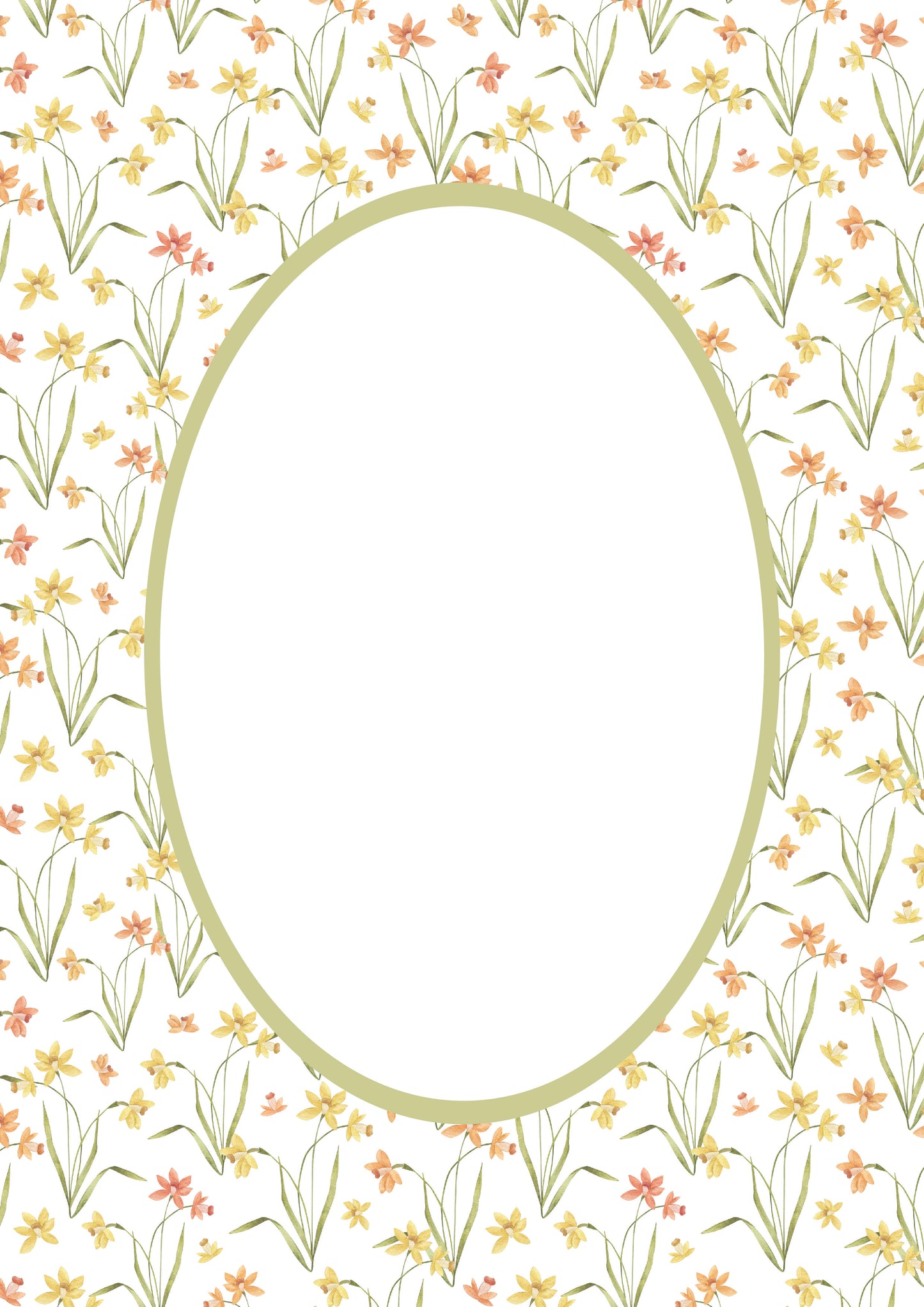Floral__Green__Oval
Floral picture frame mat board featuring hand-illustrated daffodils in soft orange and yellow; perfect for spring nursery décor, Easter photos, or cheerful family prints — a meaningful gift for baby showers, christenings, birthdays, or baby’s first Easter.