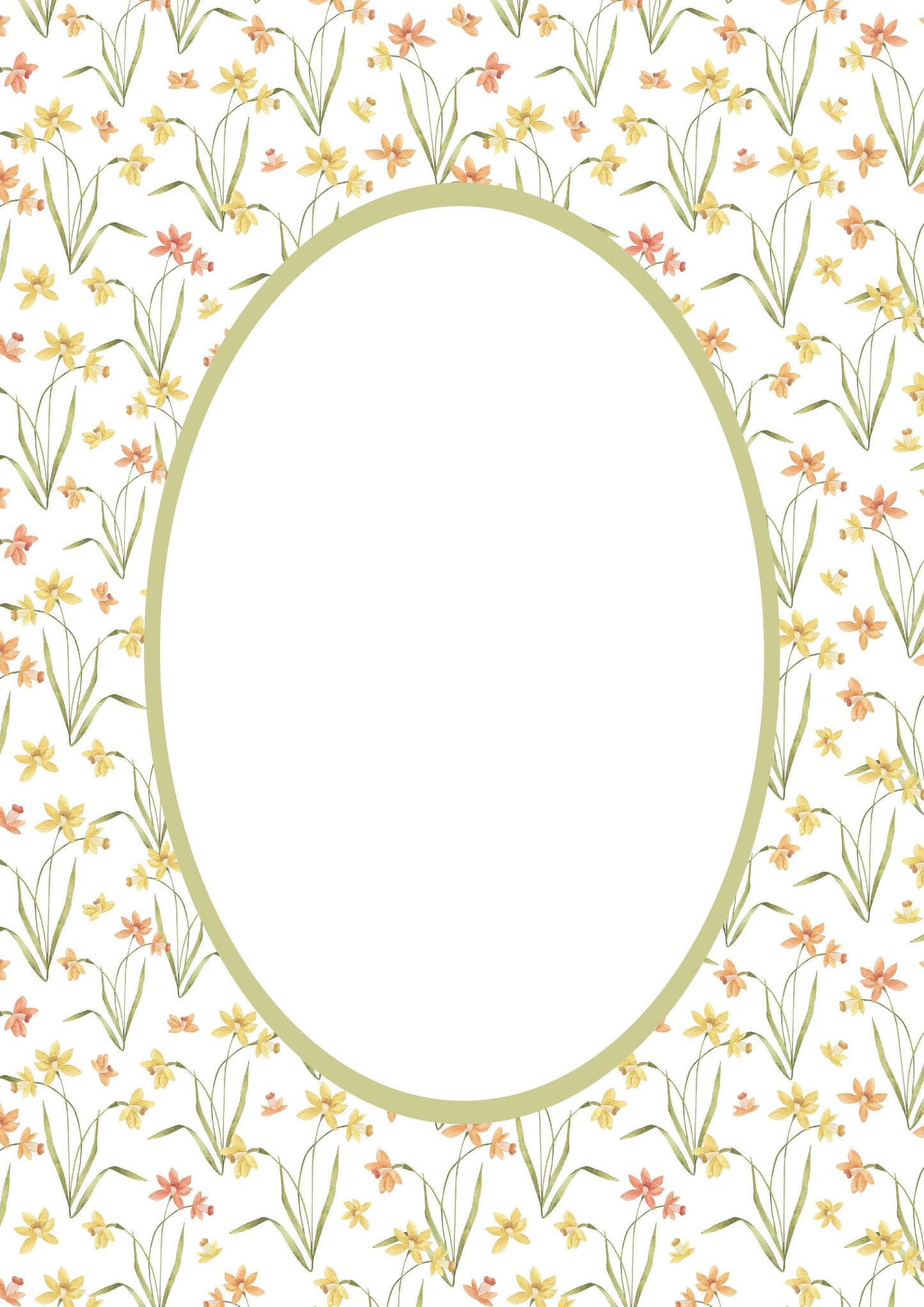 Floral__Green__Oval
Floral picture frame mat board featuring hand-illustrated daffodils in soft orange and yellow; perfect for spring nursery décor, Easter photos, or cheerful family prints — a meaningful gift for baby showers, christenings, birthdays, or baby’s first Easter.
