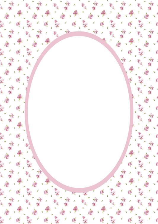 Floral__Pink__Oval
Pink floral picture frame mat board with scattered rosebud-style blooms; perfect for framing baby girl portraits, floral nursery prints, or treasured family photos — a sweet and sentimental gift for baby showers, birthdays, or christenings.