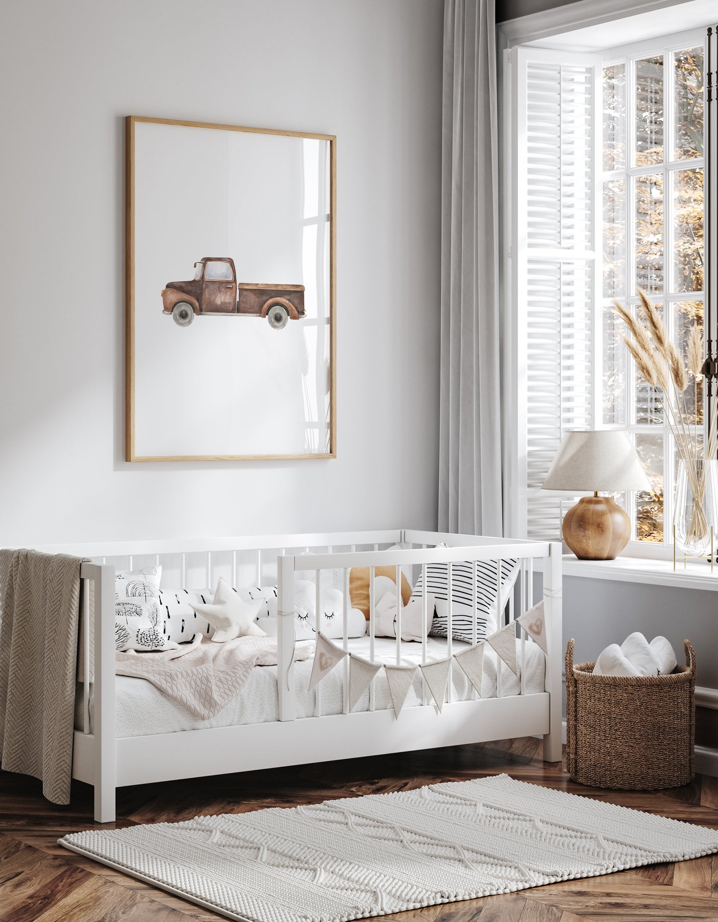 Vintage brown pickup truck nursery art print – a nostalgic illustration perfect for grandmillennial and traditional interiors. A thoughtful gift for baby boys, ideal for birthdays, baby showers, and christenings.