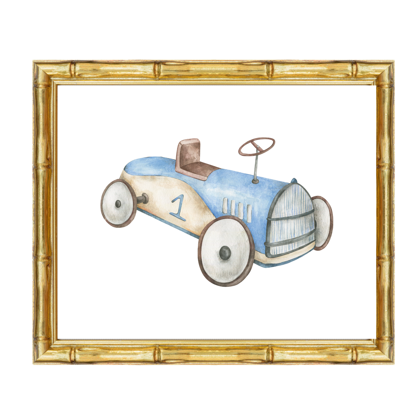 Vintage blue race car nursery art print – a charming illustration for grandmillennial and traditional interiors, perfect as a keepsake gift for baby boys and special occasions including birthdays, baby showers, and christenings.