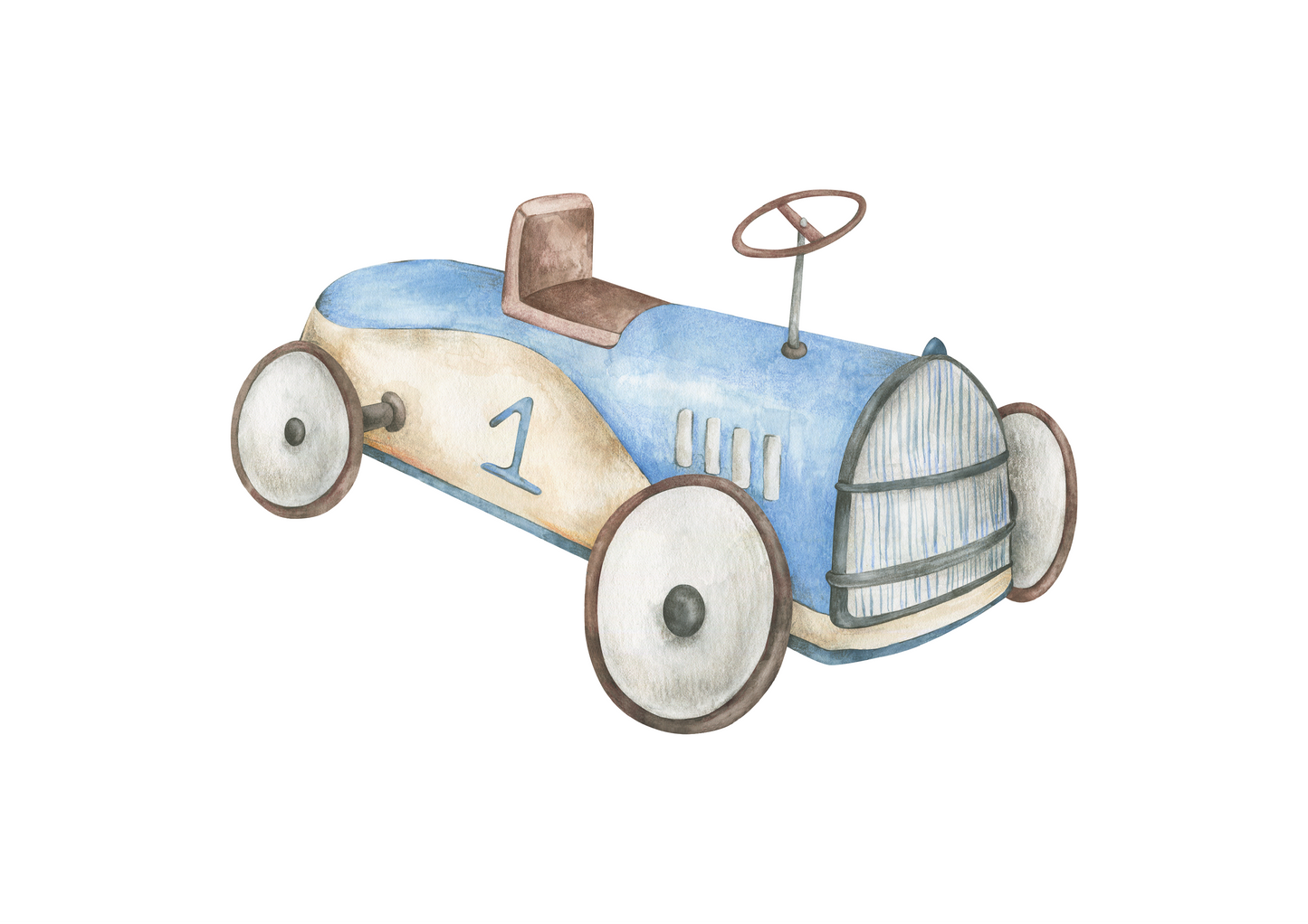 Vintage blue race car nursery art print – a charming illustration for grandmillennial and traditional interiors, perfect as a keepsake gift for baby boys and special occasions including birthdays, baby showers, and christenings.
