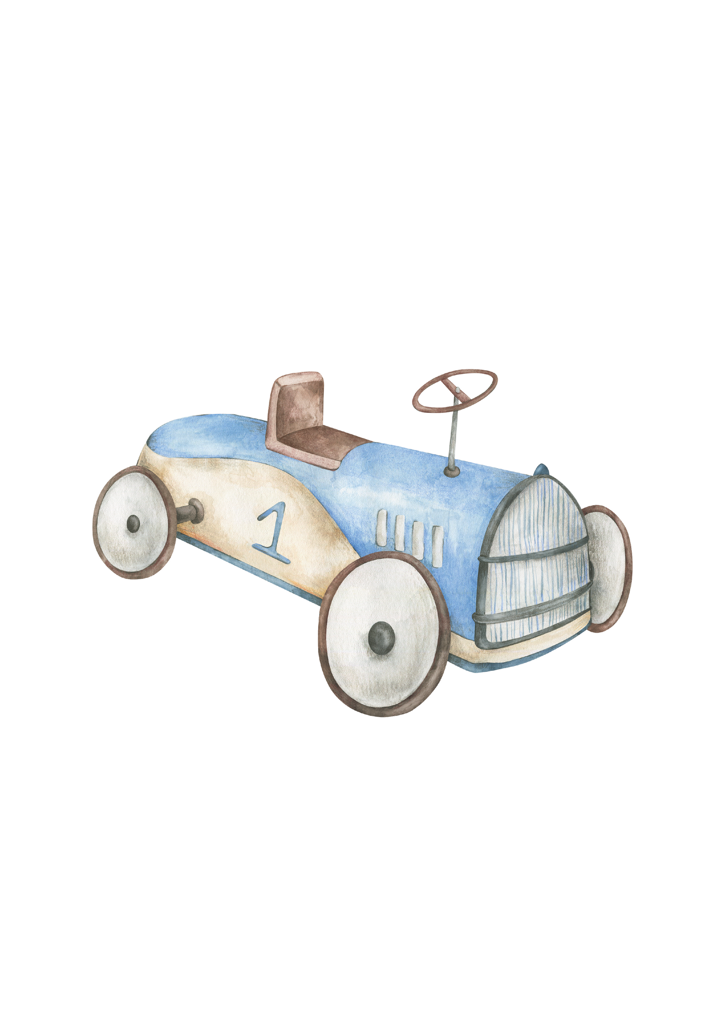 Vintage blue race car nursery art print – a charming illustration for grandmillennial and traditional interiors, perfect as a keepsake gift for baby boys and special occasions including birthdays, baby showers, and christenings.