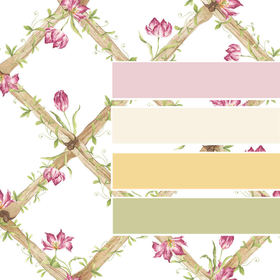 BambooTrellisBorder__Tiger Tulips
Bamboo trellis wallpaper border adorned with raspberry tiger tulips on a heritage-style lattice - ideal for traditional and grandmillennial interiors, and a meaningful gift for baby showers, christenings, birthdays, and early milestones.