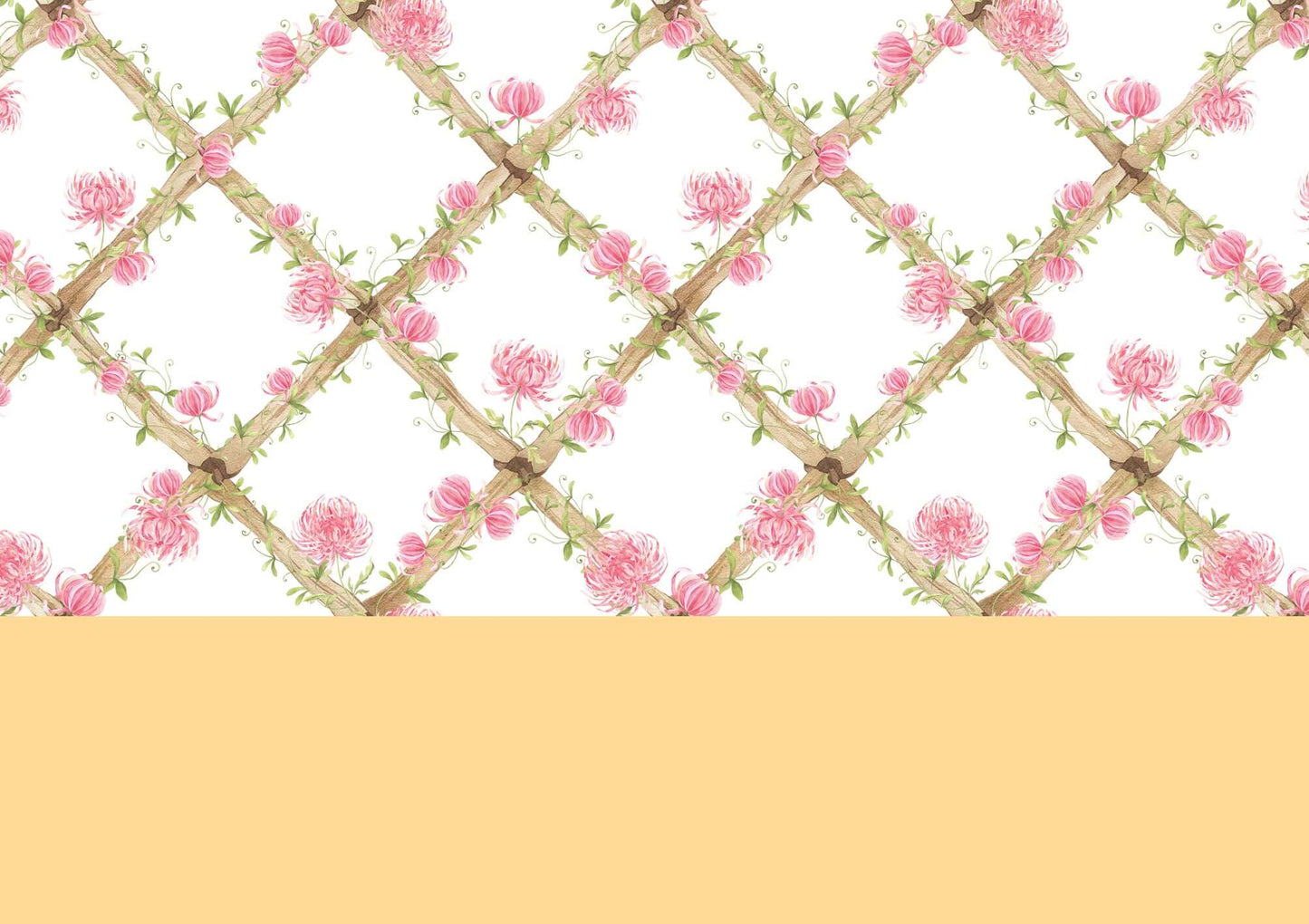 BambooTrellisBorder__chrysanthemums
Bamboo trellis wallpaper border featuring soft pink chrysanthemums on a heritage-style lattice - perfect for grandmillennial and traditional interiors, and a thoughtful gift for baby showers, christenings, birthdays, and baby milestones.