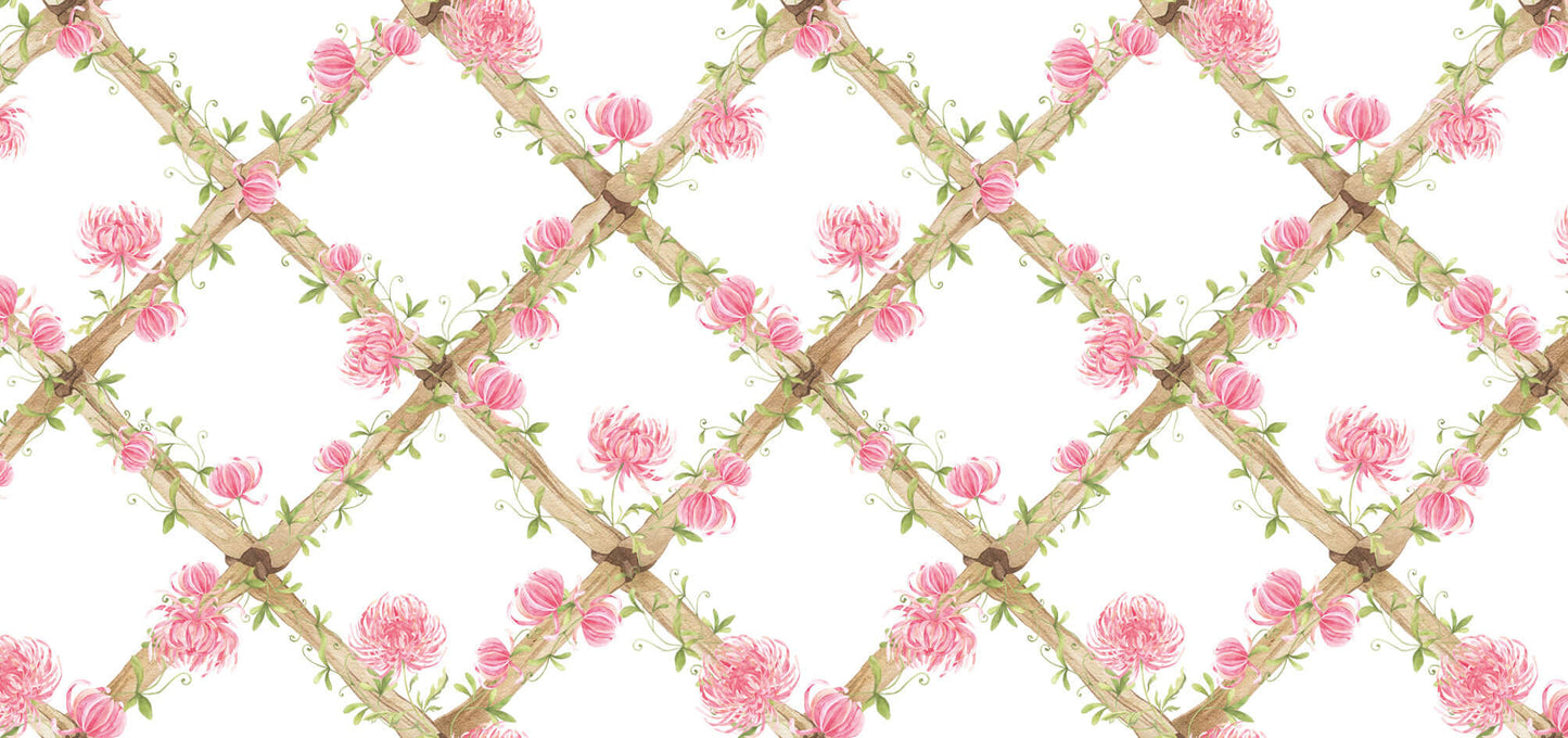 BambooTrellisBorder__chrysanthemums
Bamboo trellis wallpaper border featuring soft pink chrysanthemums on a heritage-style lattice - perfect for grandmillennial and traditional interiors, and a thoughtful gift for baby showers, christenings, birthdays, and baby milestones.