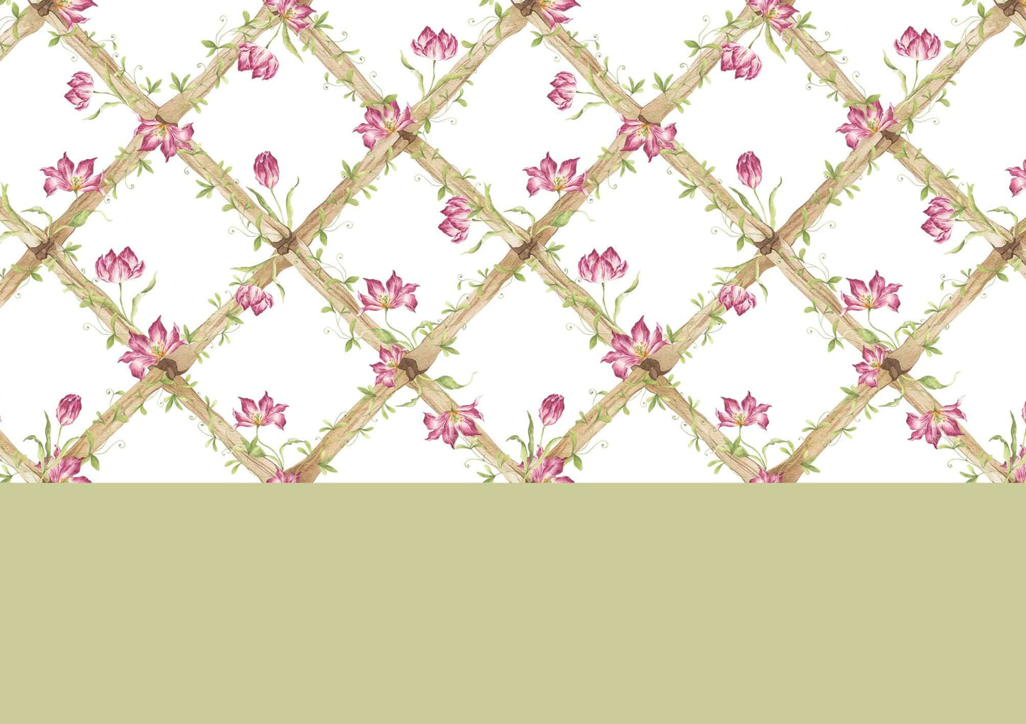 BambooTrellisBorder__Tiger Tulips
Bamboo trellis wallpaper border adorned with raspberry tiger tulips on a heritage-style lattice - ideal for traditional and grandmillennial interiors, and a meaningful gift for baby showers, christenings, birthdays, and early milestones.