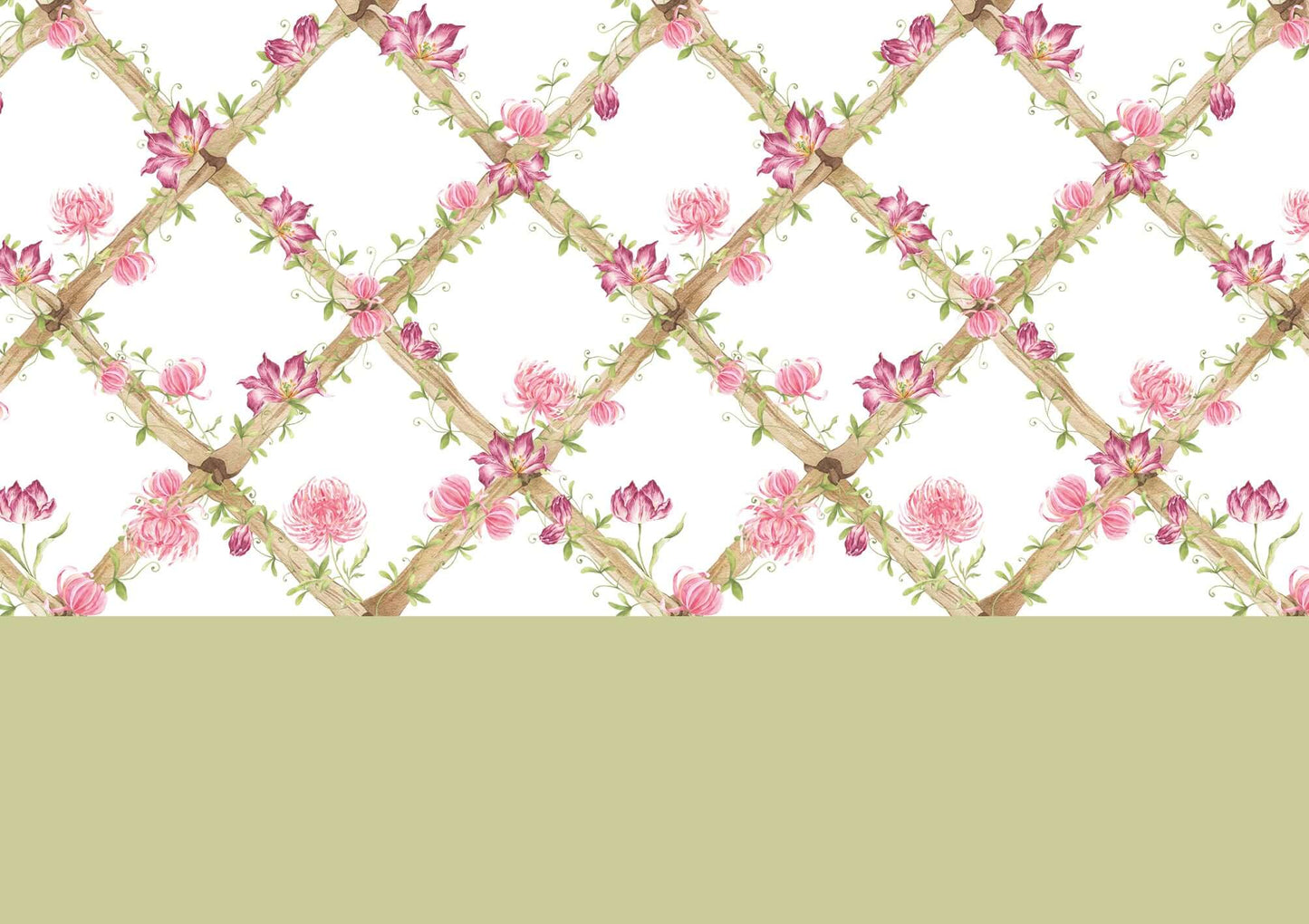 BambooTrellisBorder__chrysanthemums & tiger tulips
Bamboo trellis wallpaper border combining raspberry tiger tulips and pink chrysanthemums on a heritage-style lattice - designed for grandmillennial and traditional interiors, and perfect for gifting at baby showers, christenings, birthdays, and special baby milestones.
