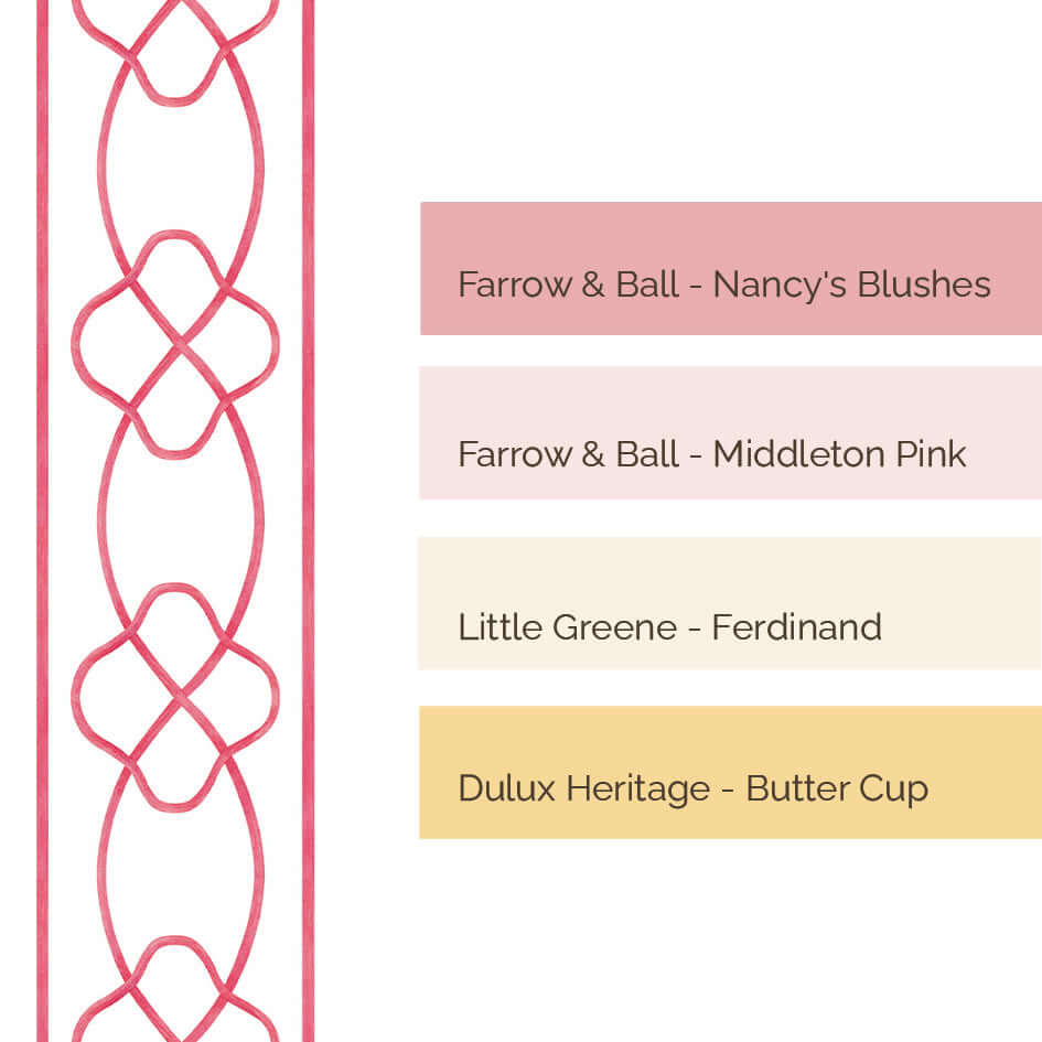MarlowBorder__Coral
Marlowe coral wallpaper border featuring a timeless looped pattern—designed for grandmillennial and traditional interiors, and perfect for gifting at baby showers, christenings, birthdays, and special baby milestones.