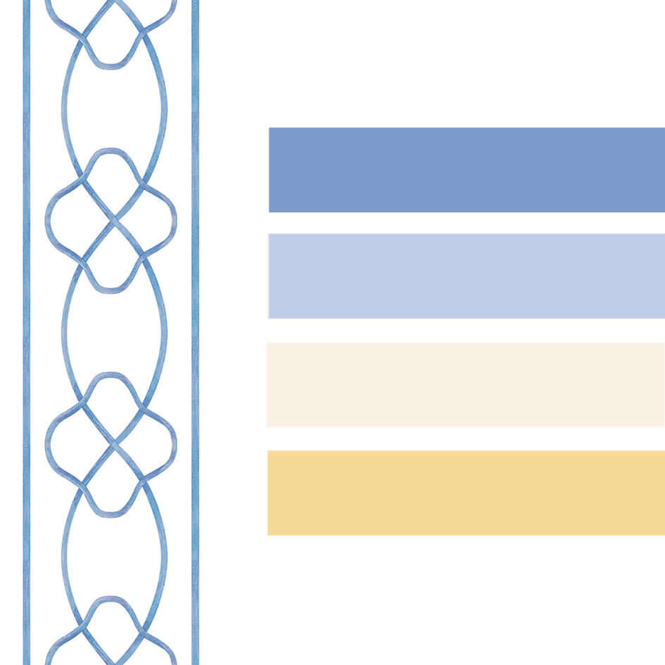 MarlowBorder__Blue
Marlowe blue wallpaper border with an elegant interlacing trellis design—perfect for traditional nurseries and grandmillennial interiors, and a beautiful gift for baby showers, christenings, birthdays, and other special baby milestones.