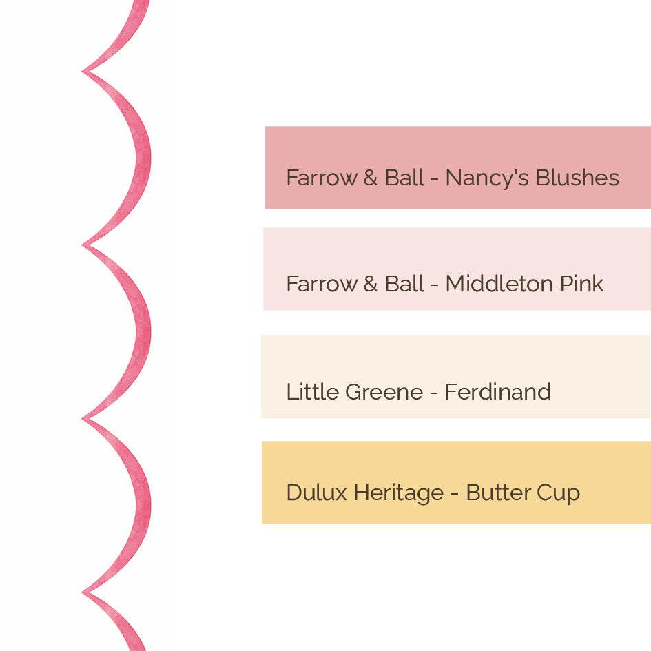 ScallopBorder__Coral
Coral scallop wallpaper border with a soft curved silhouette - perfect for grandmillennial and traditional interiors, and a thoughtful gift for baby showers, christenings, birthdays, and baby milestones.