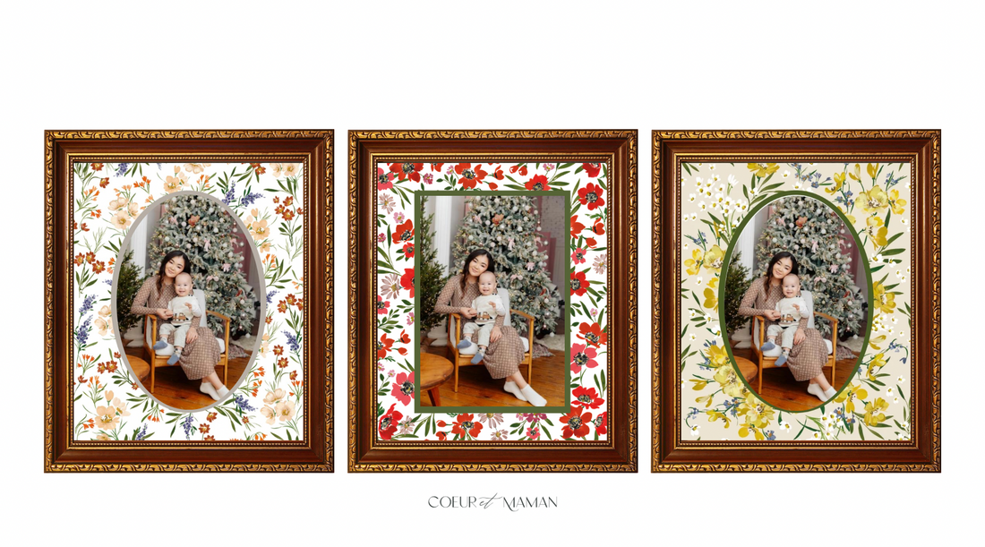 Rosalie Gwen floral mount board by Coeur et Maman featuring painterly garden blooms in rich festive tones. The ultimate luxury heirloom Christmas gift 