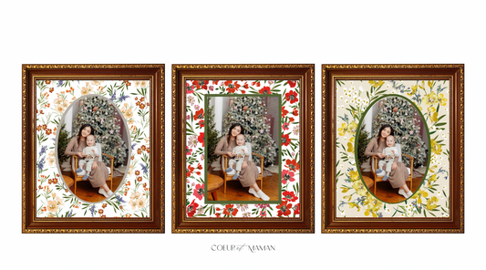 Rosalie Gwen floral mount board by Coeur et Maman featuring painterly garden blooms in rich festive tones. The ultimate luxury heirloom Christmas gift 