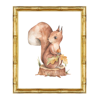 Watercolour red squirrel nursery art print – a sweet woodland animal illustration perfect for grandmillennial and traditional interiors. A charming gift for baby showers, christenings, birthdays, or to add warmth to a nature-inspired nursery.