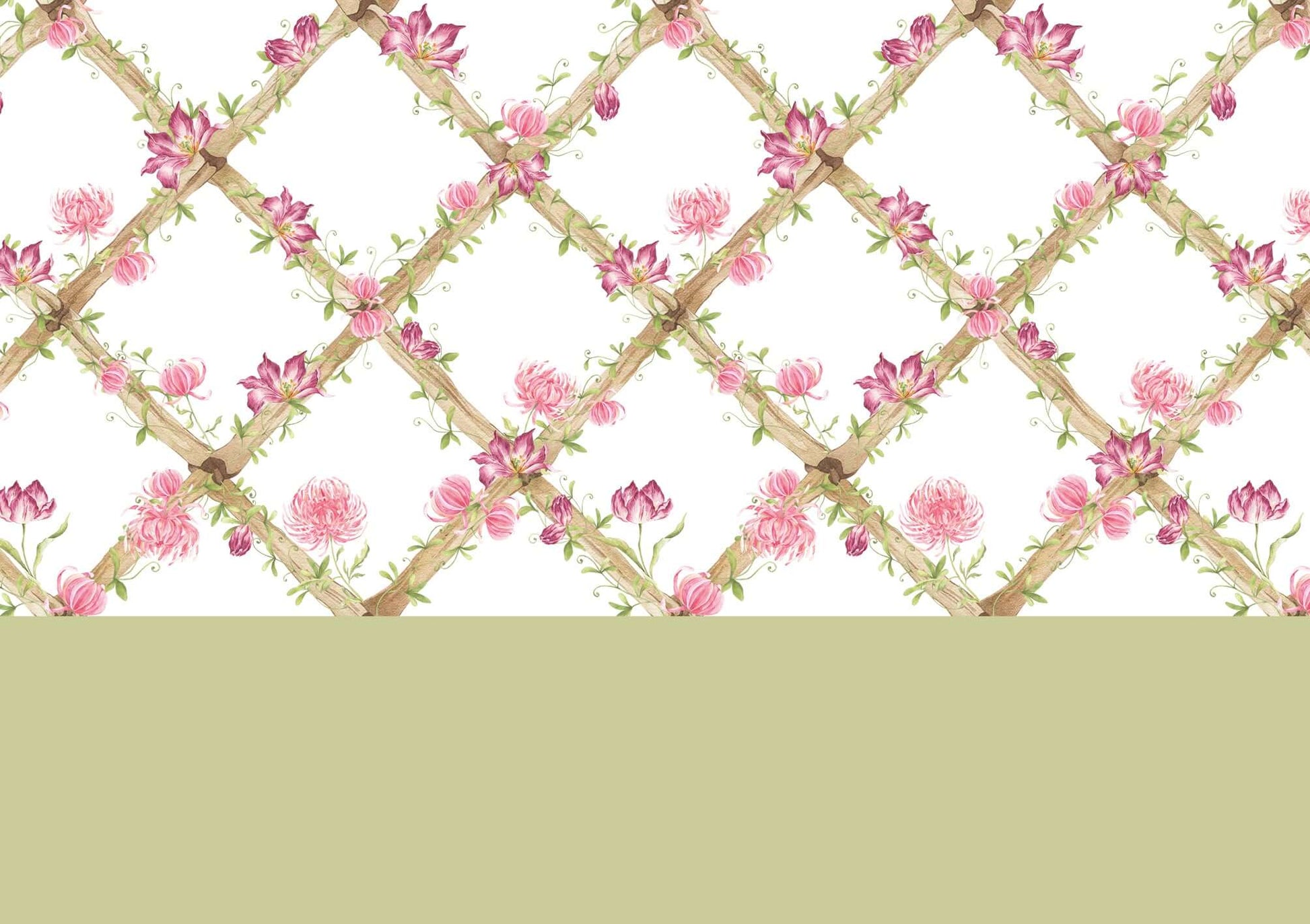Chrysanthemums & Tiger Tulips Bamboo Trellis Wallpaper Border
