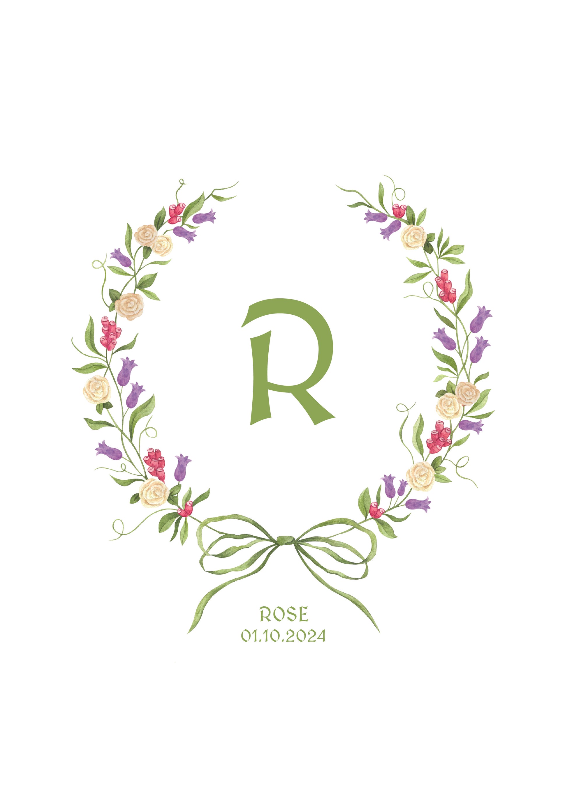Floral Wreath Monogram Nursery Art Print | Elegant Personalised Baby Gift