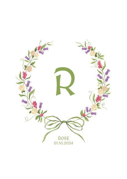 Floral Wreath Monogram Nursery Art Print | Elegant Personalised Baby Gift