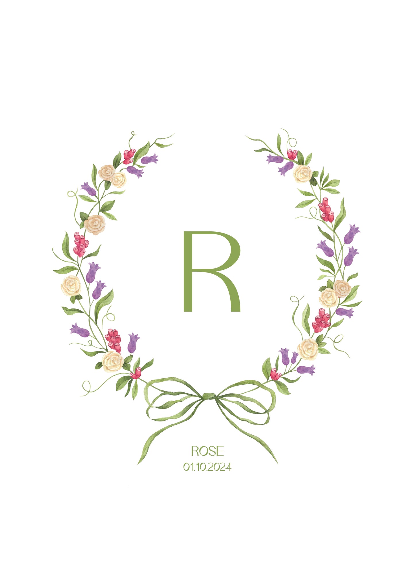 Floral Wreath Monogram Nursery Art Print | Elegant Personalised Baby Gift