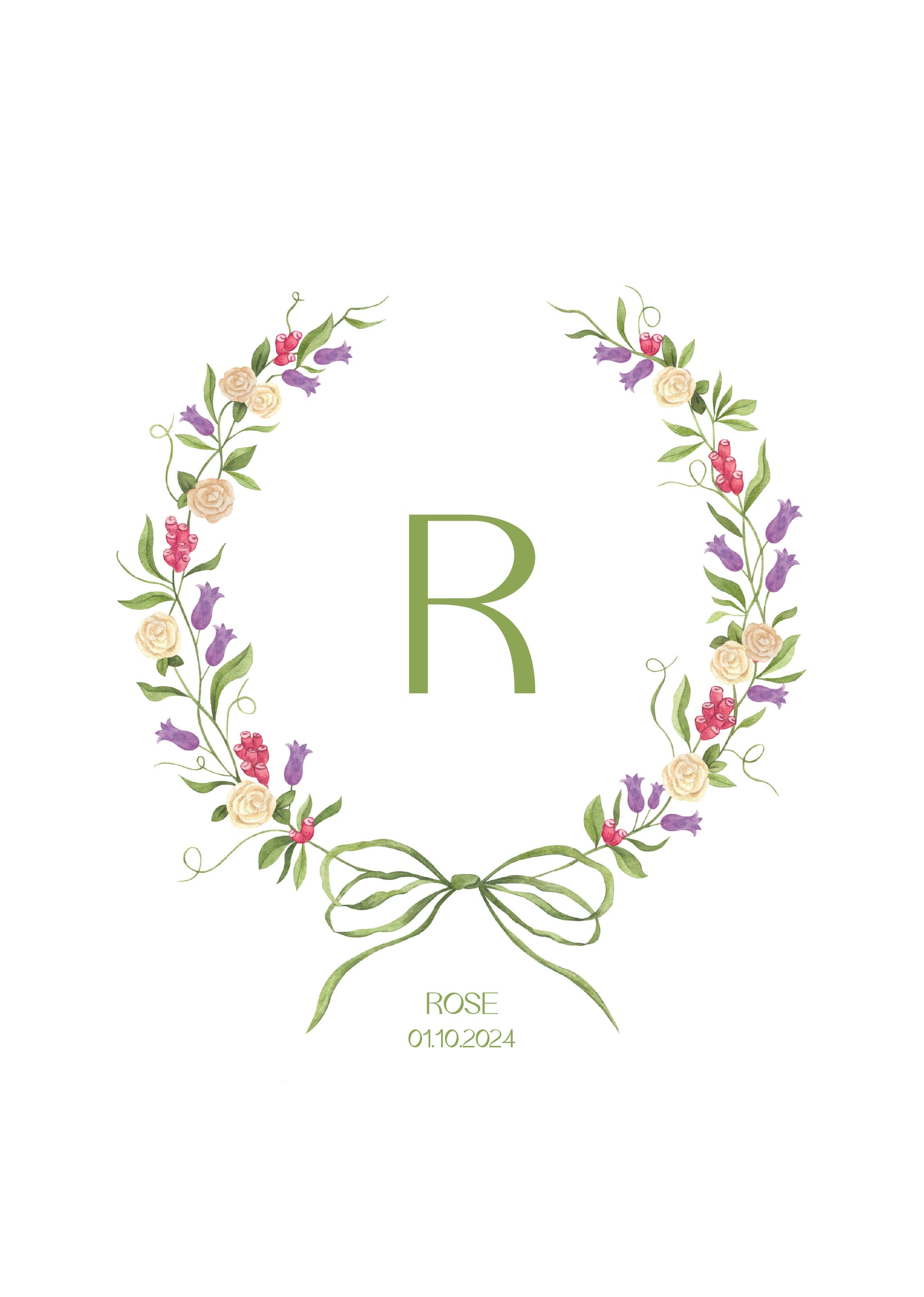 Floral Wreath Monogram Nursery Art Print | Elegant Personalised Baby Gift
