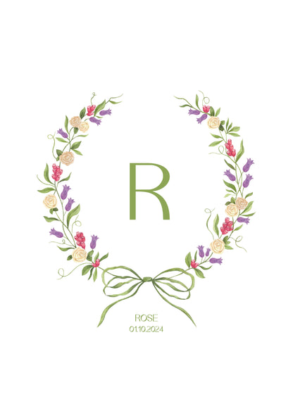 Floral Wreath Monogram Nursery Art Print | Elegant Personalised Baby Gift