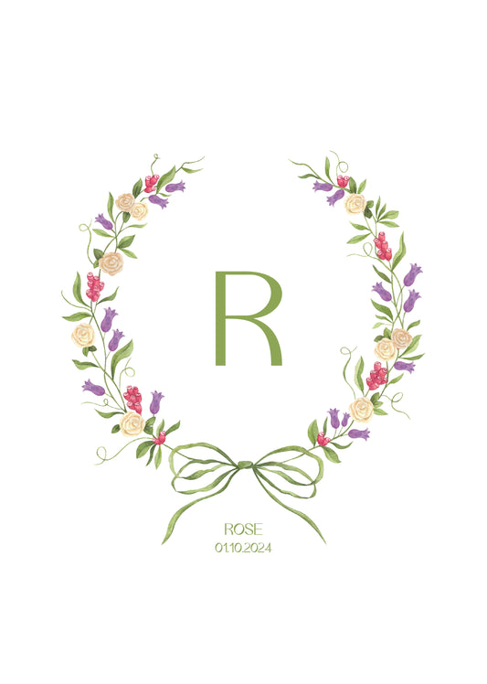 Floral Wreath Monogram Nursery Art Print | Elegant Personalised Baby Gift