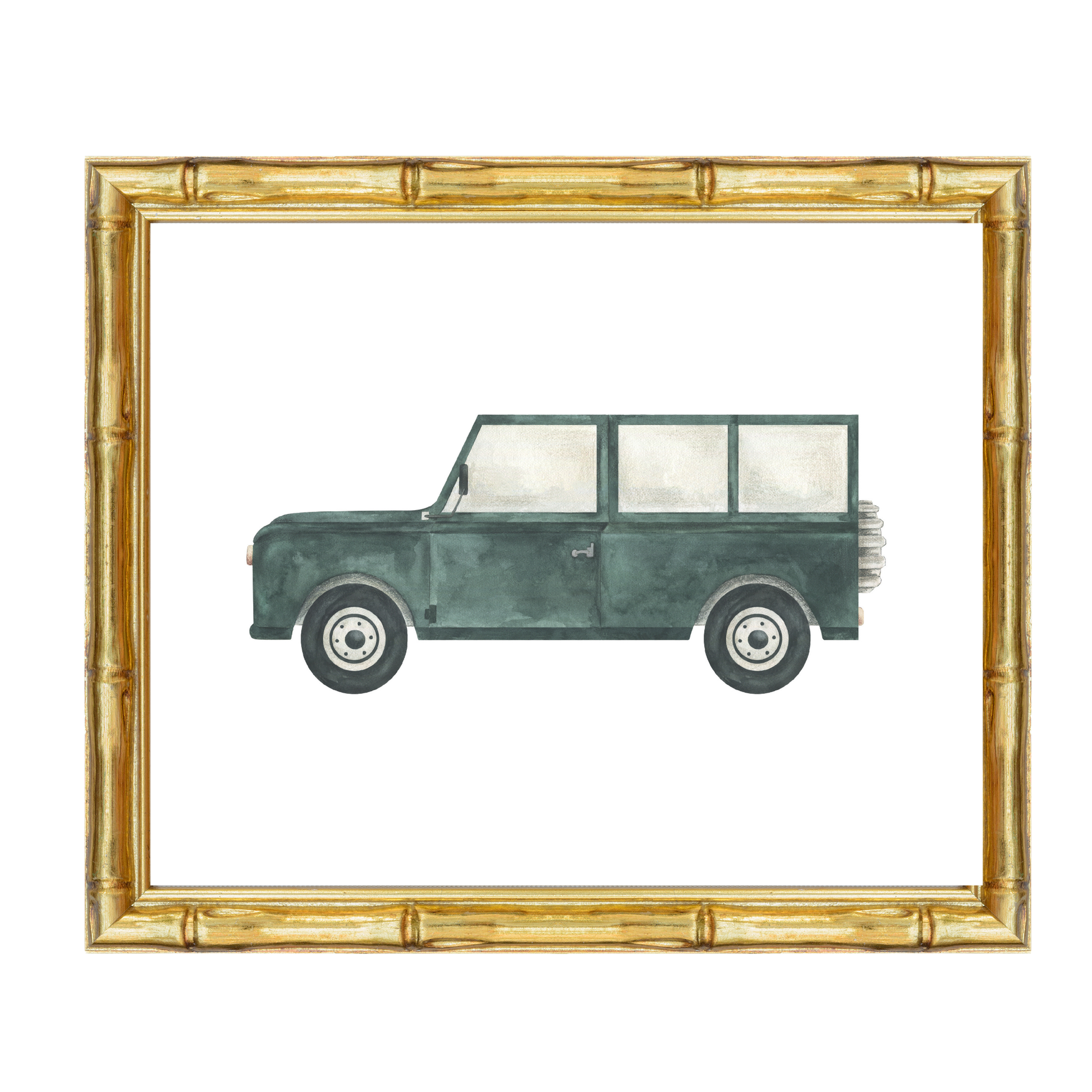 Watercolour British Racing Green Classic Vintage Landrover Defender nursery art print – a classic vehicle illustration ideal for grandmillennial and traditional interiors. A thoughtful gift for baby boys and perfect for birthdays, christenings, or baby showers.