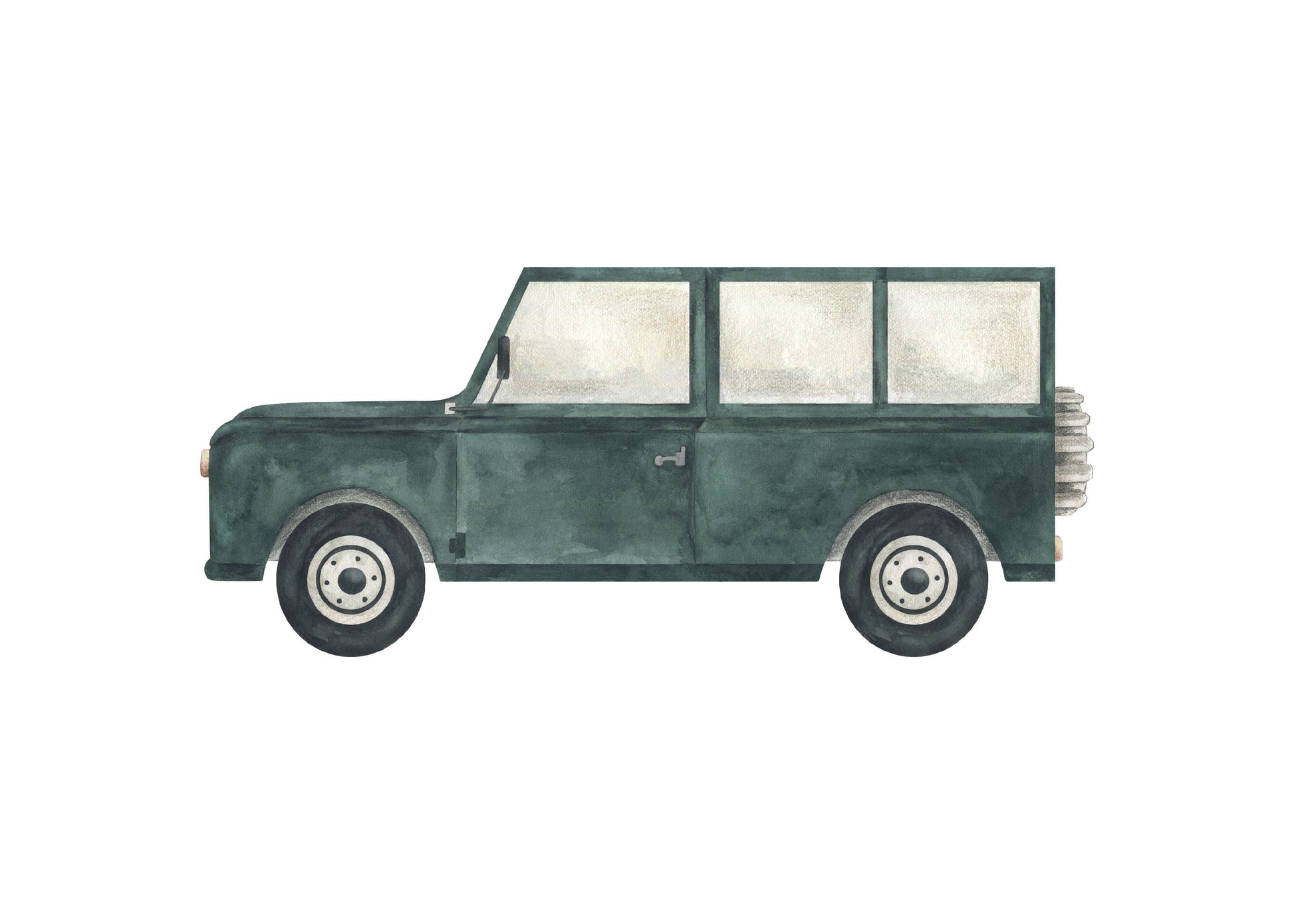 Watercolour British Racing Green Classic Vintage Landrover Defender nursery art print – a classic vehicle illustration ideal for grandmillennial and traditional interiors. A thoughtful gift for baby boys and perfect for birthdays, christenings, or baby showers.