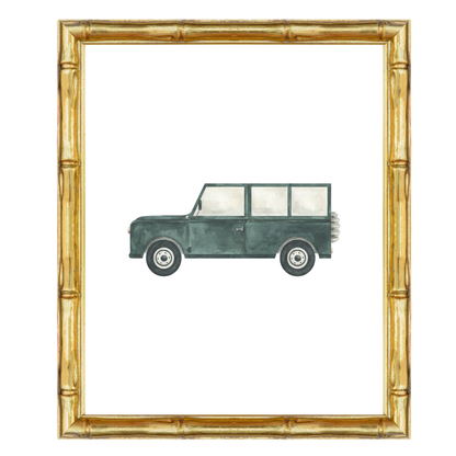 Watercolour British Racing Green Classic Vintage Landrover Defender nursery art print – a classic vehicle illustration ideal for grandmillennial and traditional interiors. A thoughtful gift for baby boys and perfect for birthdays, christenings, or baby showers.