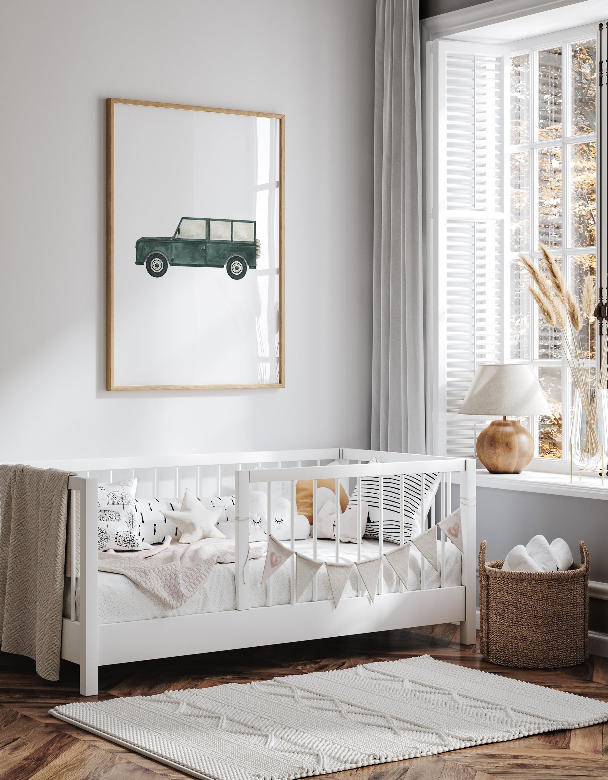 Watercolour British Racing Green Classic Vintage Landrover Defender nursery art print – a classic vehicle illustration ideal for grandmillennial and traditional interiors. A thoughtful gift for baby boys and perfect for birthdays, christenings, or baby showers.